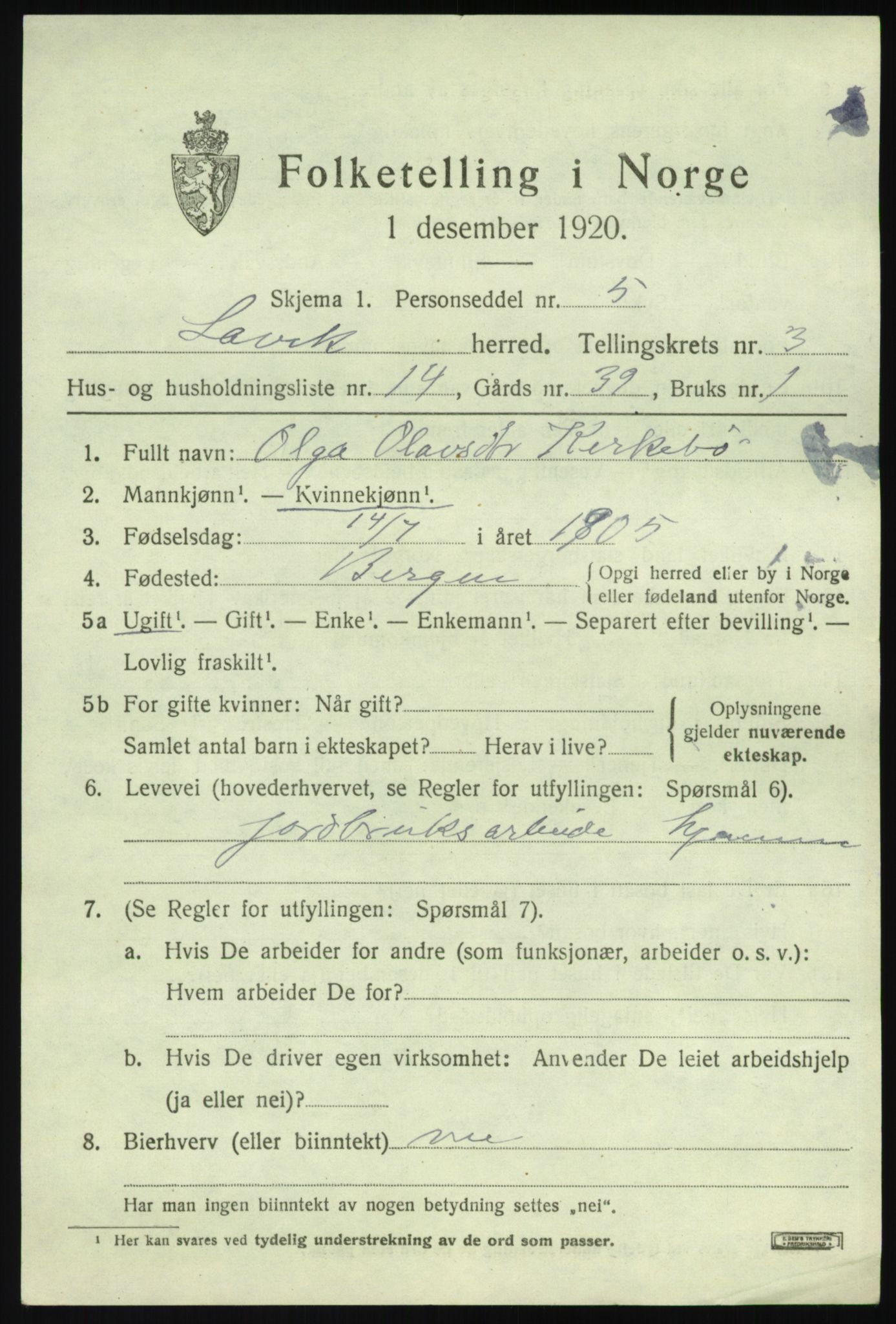 SAB, 1920 census for Lavik, 1920, p. 742