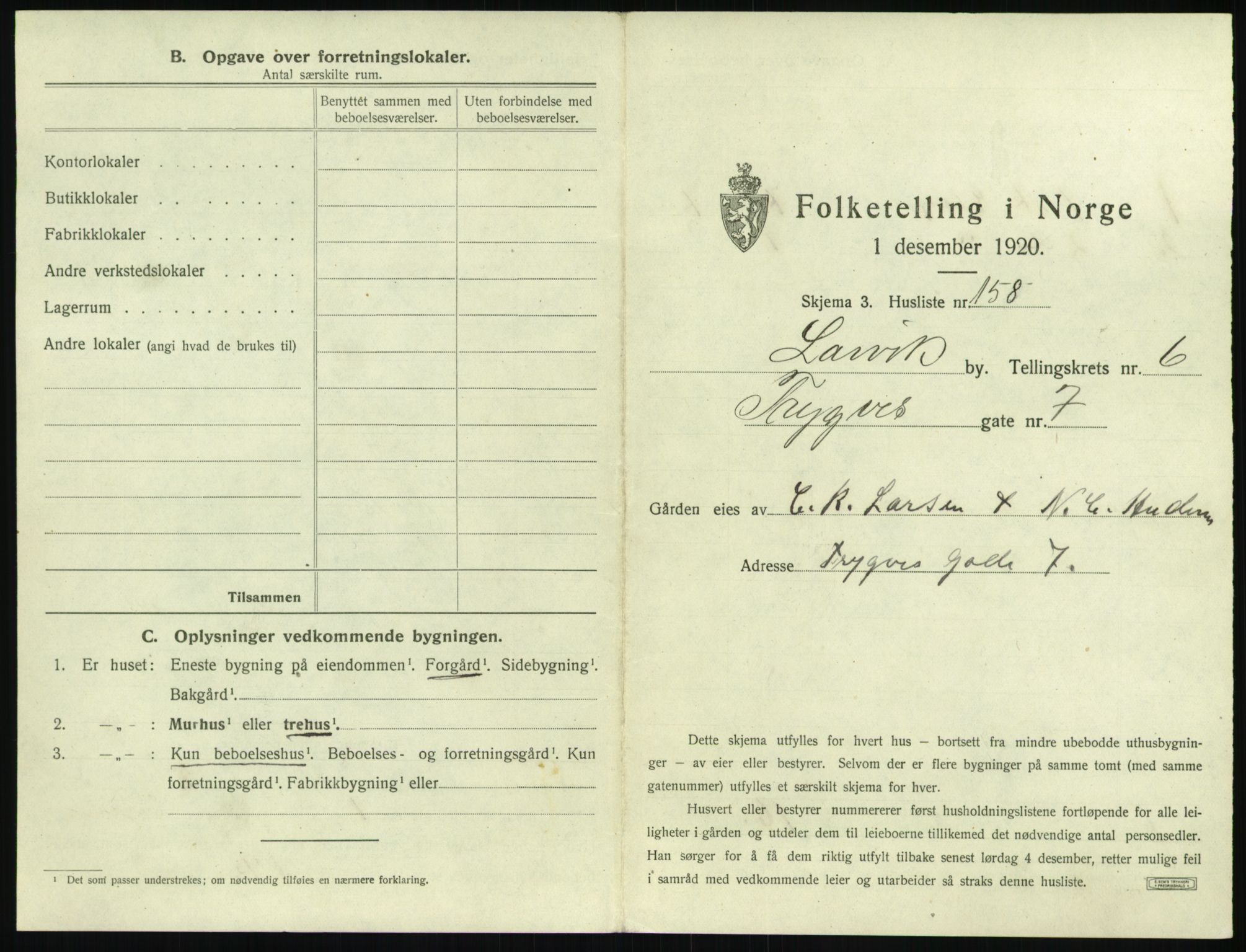 SAKO, 1920 census for Larvik, 1920, p. 1604