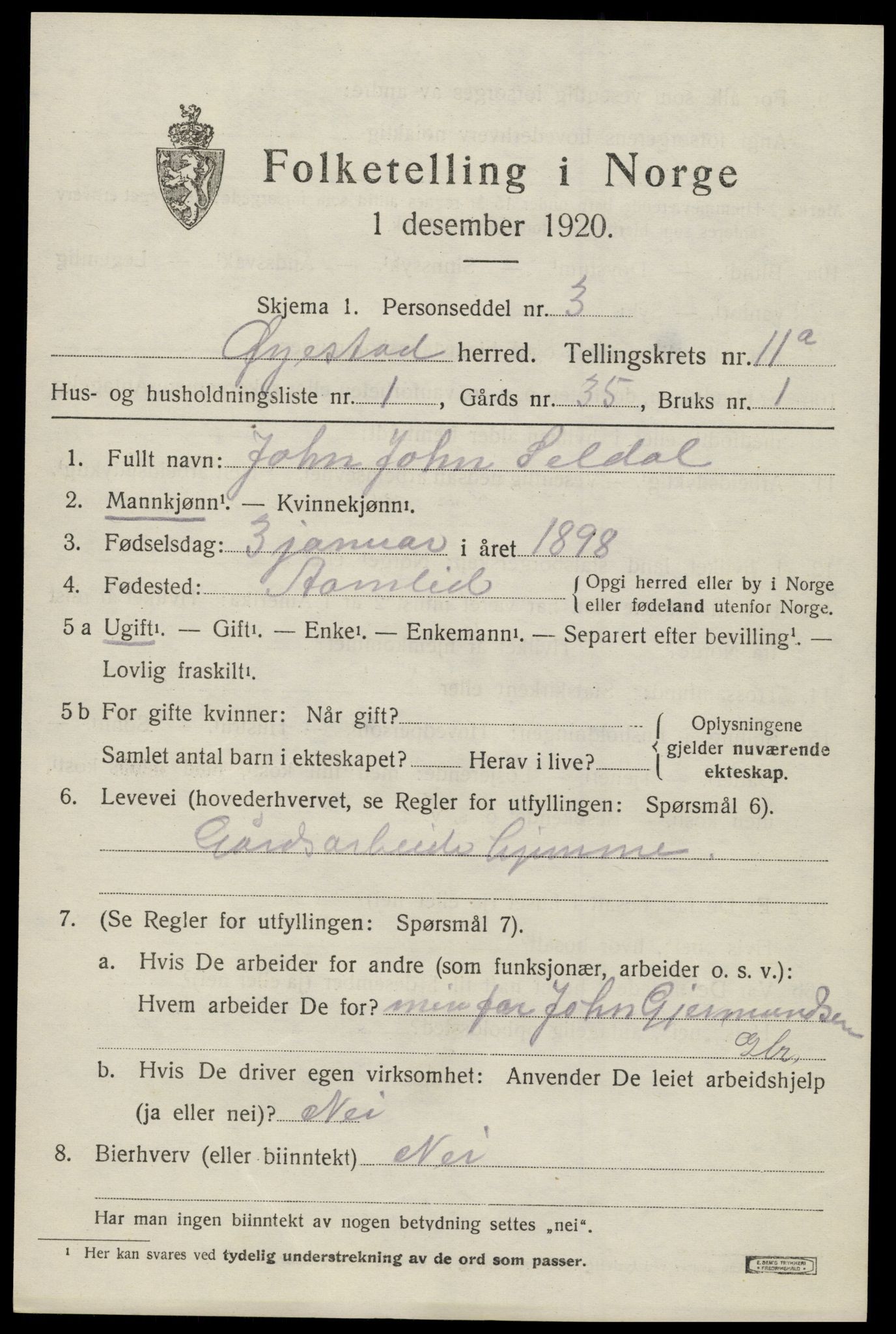 SAK, 1920 census for Øyestad, 1920, p. 6950