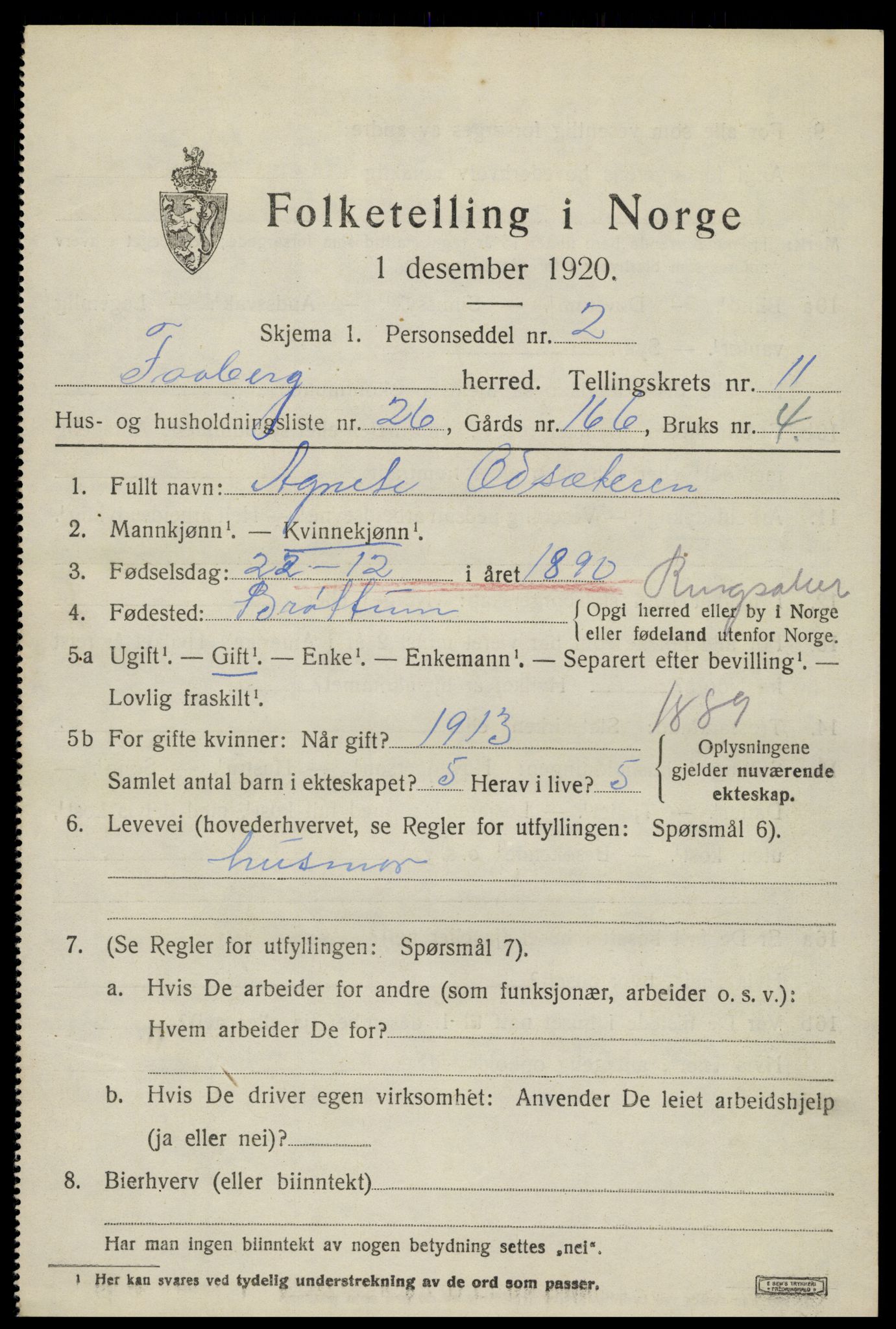 SAH, 1920 census for Fåberg, 1920, p. 12130