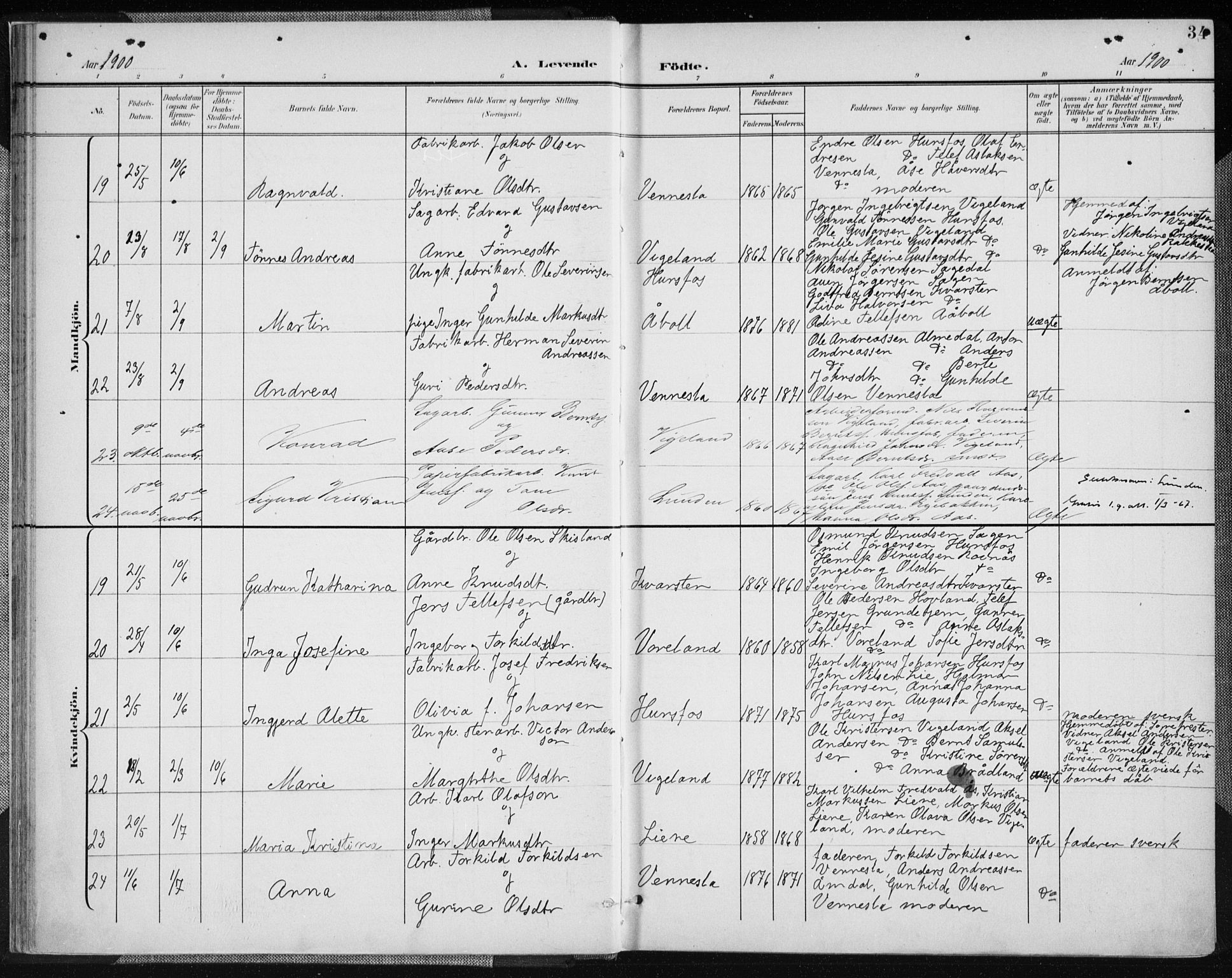 Vennesla sokneprestkontor, AV/SAK-1111-0045/Fa/Fab/L0005: Parish register (official) no. A 5, 1897-1909, p. 34