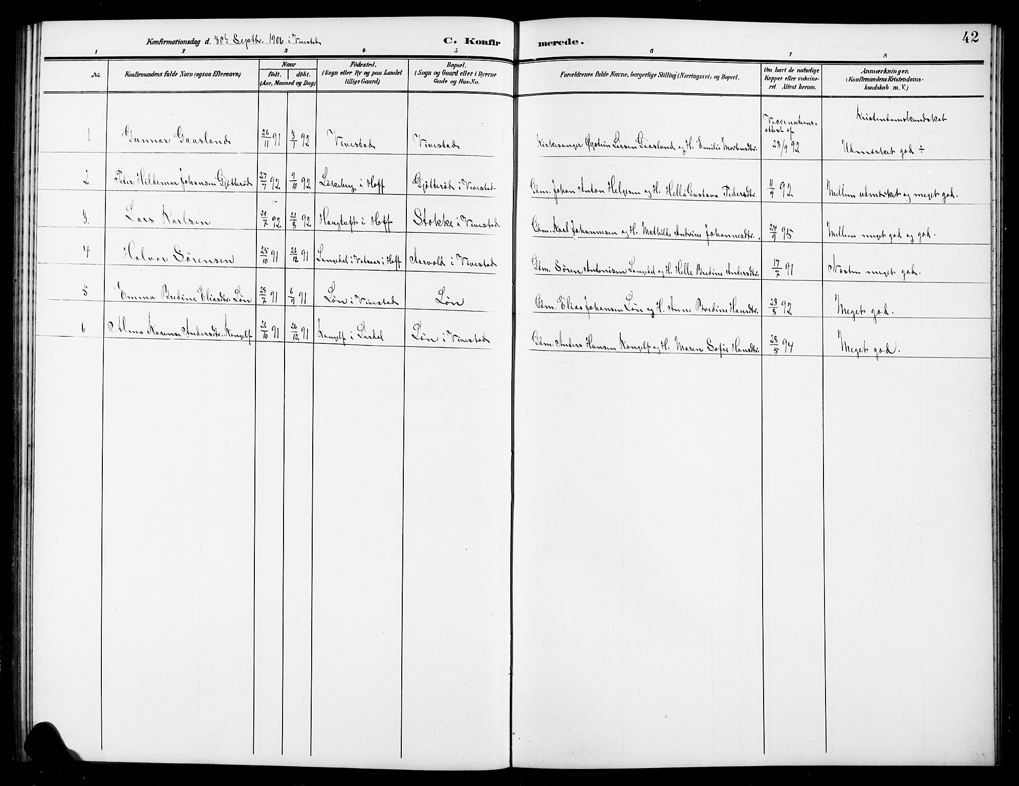 Ramnes kirkebøker, SAKO/A-314/G/Gc/L0002: Parish register (copy) no. III 2, 1903-1924, p. 42