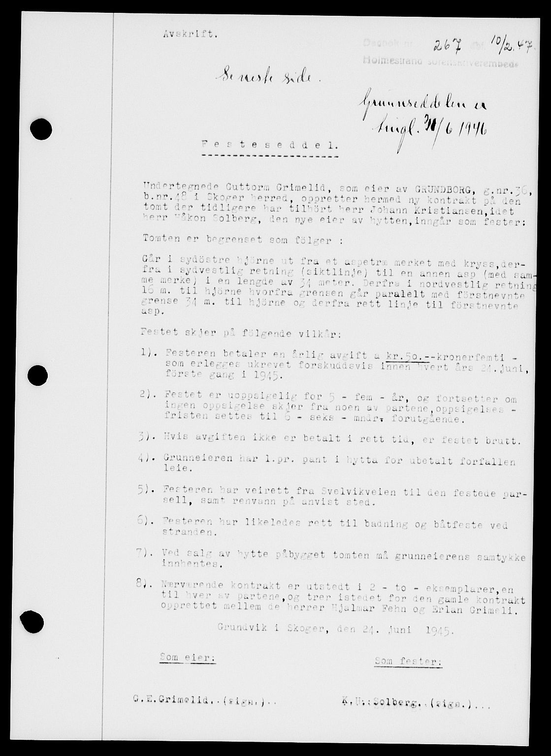 Holmestrand sorenskriveri, AV/SAKO-A-67/G/Ga/Gaa/L0061: Mortgage book no. A-61, 1946-1947, Diary no: : 267/1947