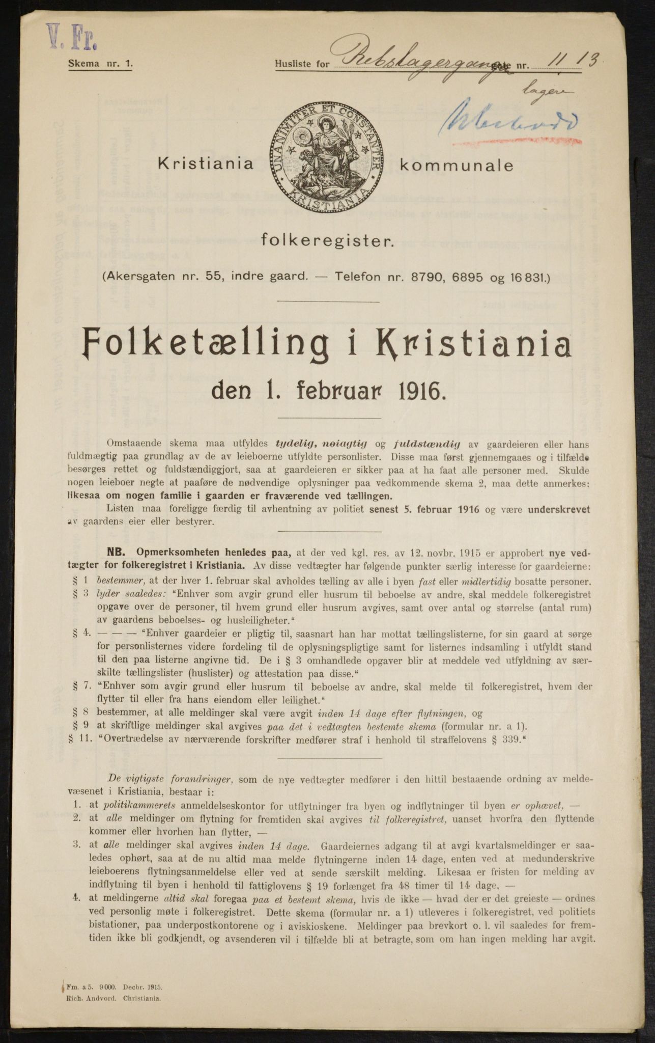 OBA, Municipal Census 1916 for Kristiania, 1916, p. 85001