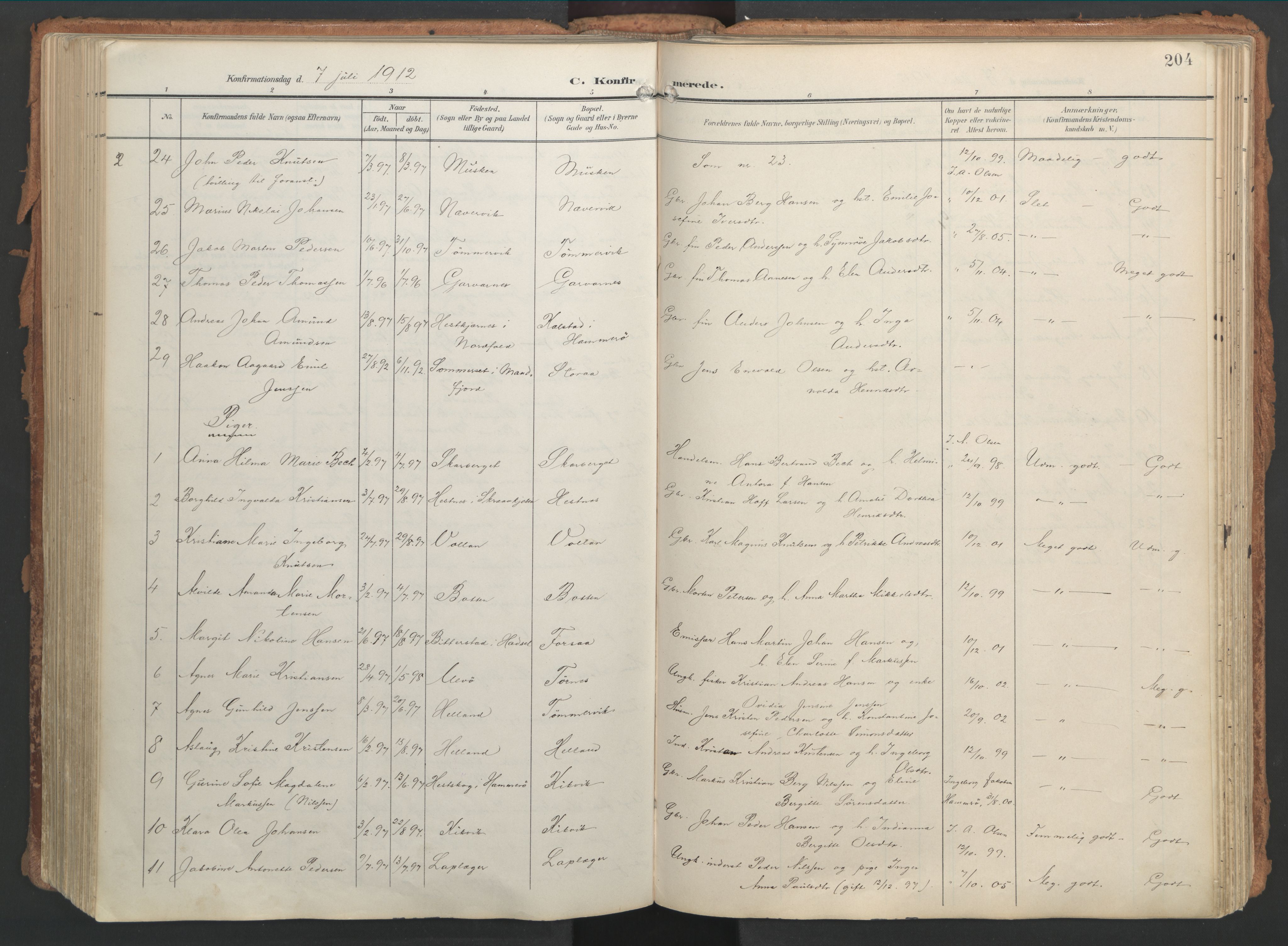 Ministerialprotokoller, klokkerbøker og fødselsregistre - Nordland, AV/SAT-A-1459/861/L0871: Parish register (official) no. 861A06, 1903-1916, p. 204