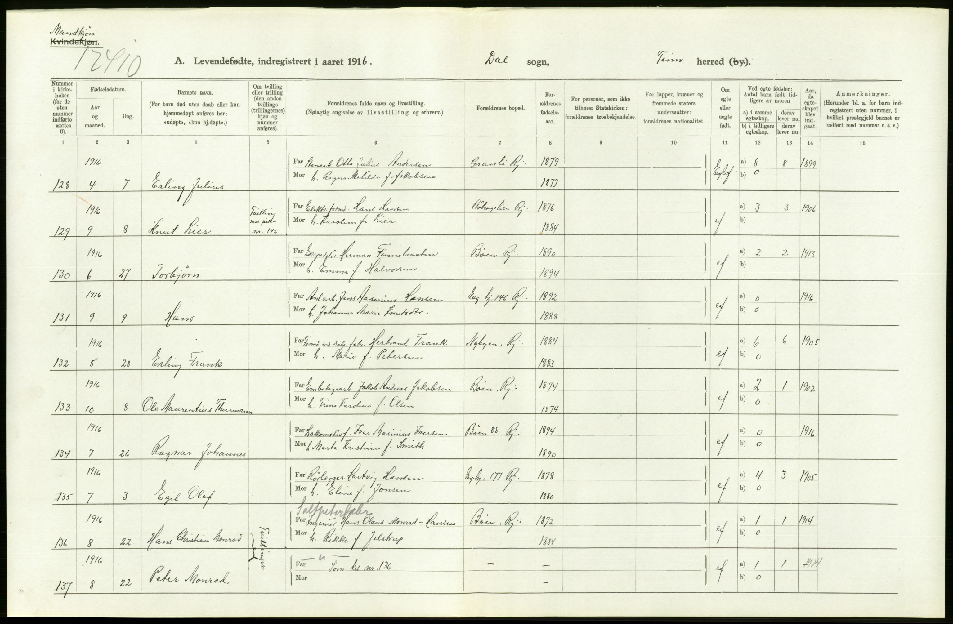 Statistisk sentralbyrå, Sosiodemografiske emner, Befolkning, RA/S-2228/D/Df/Dfb/Dfbf/L0022: Bratsberg amt: Levendefødte menn og kvinner. Bygder., 1916, p. 176