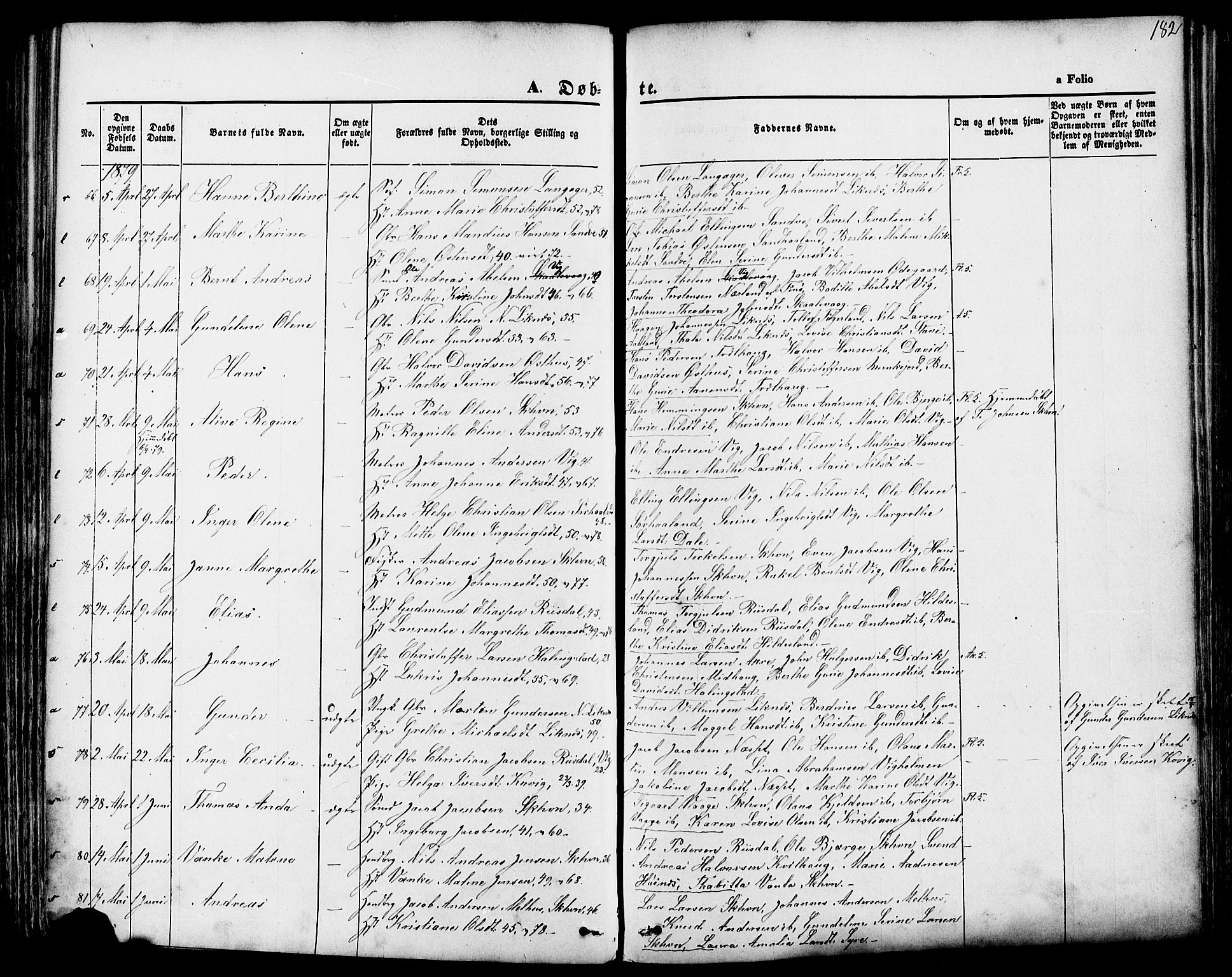 Skudenes sokneprestkontor, AV/SAST-A -101849/H/Ha/Haa/L0006: Parish register (official) no. A 4, 1864-1881, p. 182