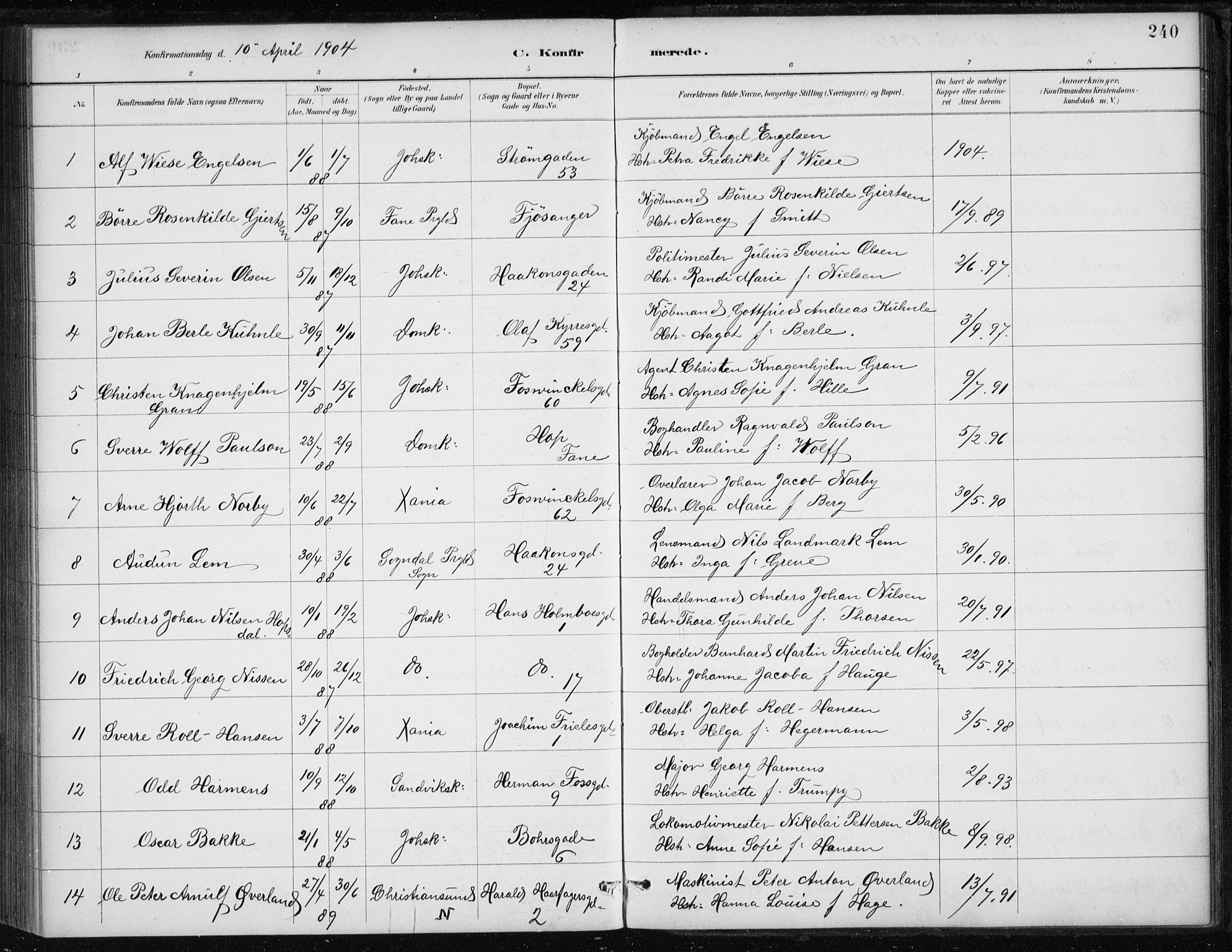 Johanneskirken sokneprestembete, SAB/A-76001/H/Haa/L0008: Parish register (official) no. C 1, 1885-1907, p. 240