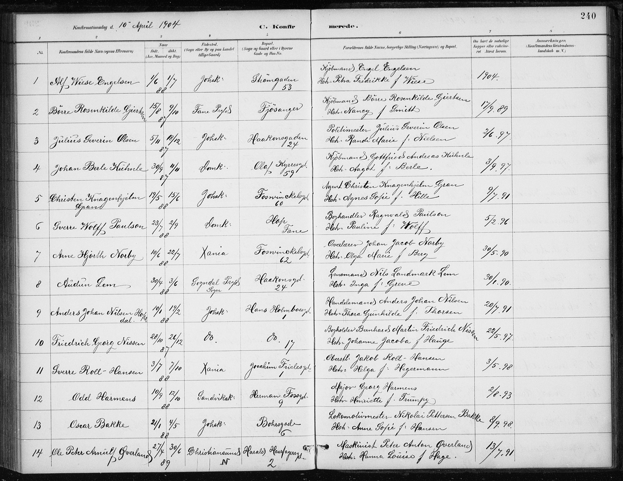 Johanneskirken sokneprestembete, AV/SAB-A-76001/H/Haa/L0008: Parish register (official) no. C 1, 1885-1907, p. 240