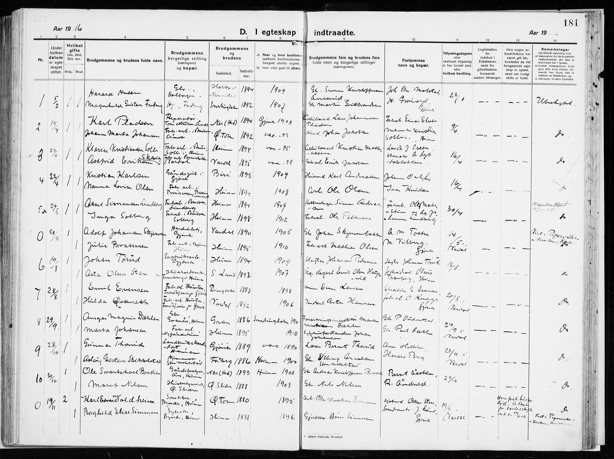 Vardal prestekontor, SAH/PREST-100/H/Ha/Haa/L0017: Parish register (official) no. 17, 1915-1929, p. 181