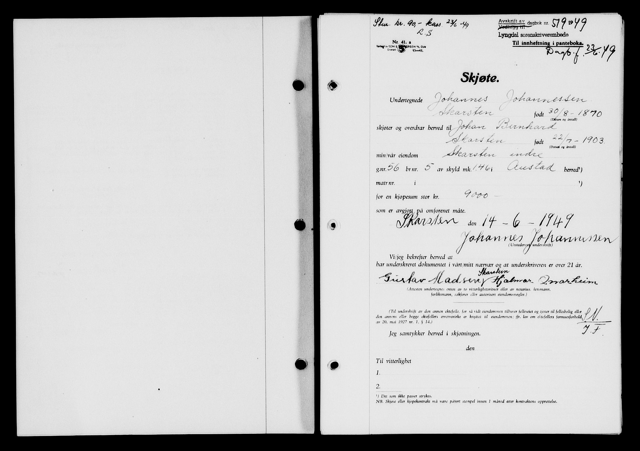 Lyngdal sorenskriveri, AV/SAK-1221-0004/G/Gb/L0663: Mortgage book no. A IX, 1948-1949, Diary no: : 519/1949