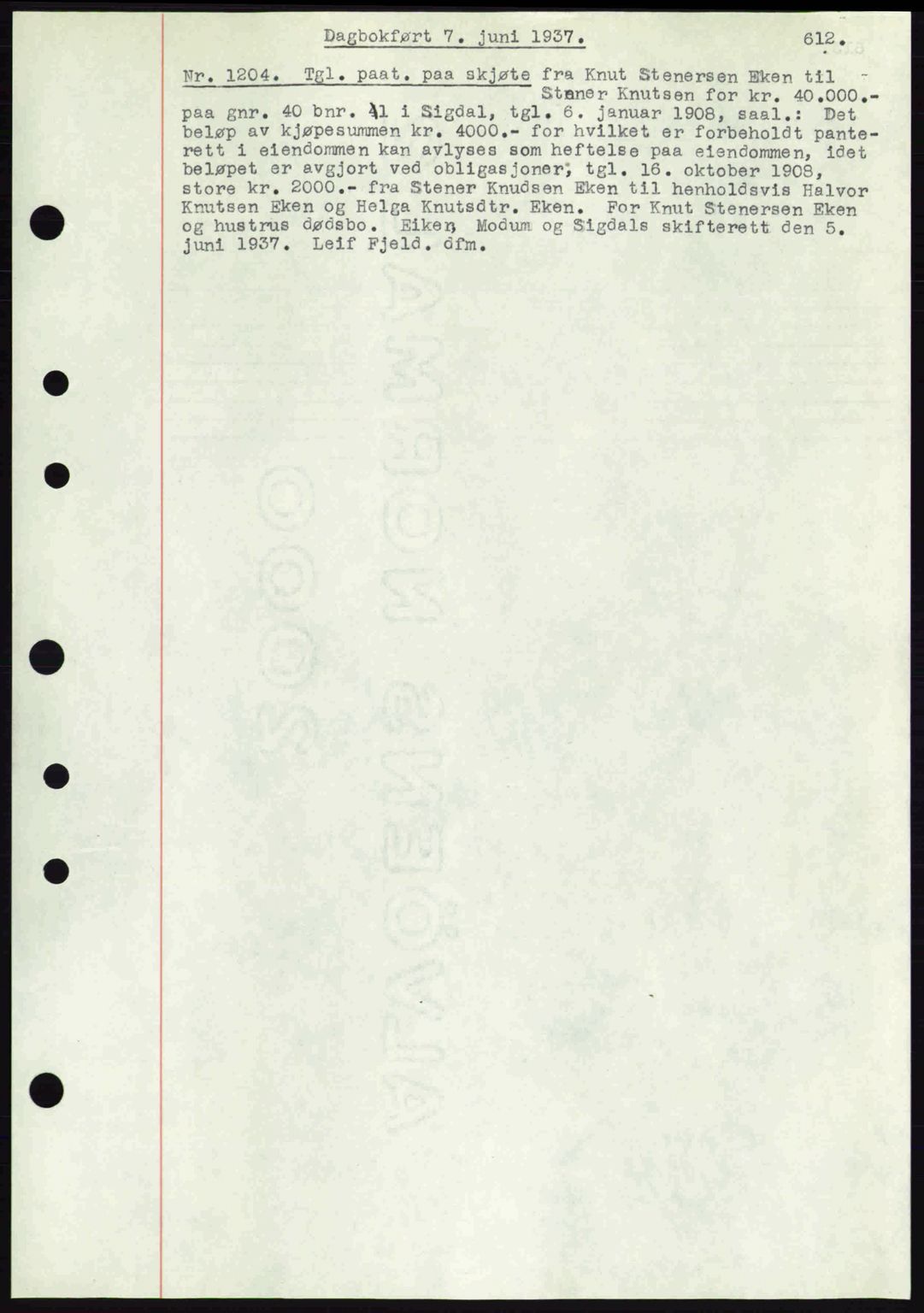 Eiker, Modum og Sigdal sorenskriveri, SAKO/A-123/G/Ga/Gab/L0035: Mortgage book no. A5, 1937-1937, Diary no: : 1204/1937