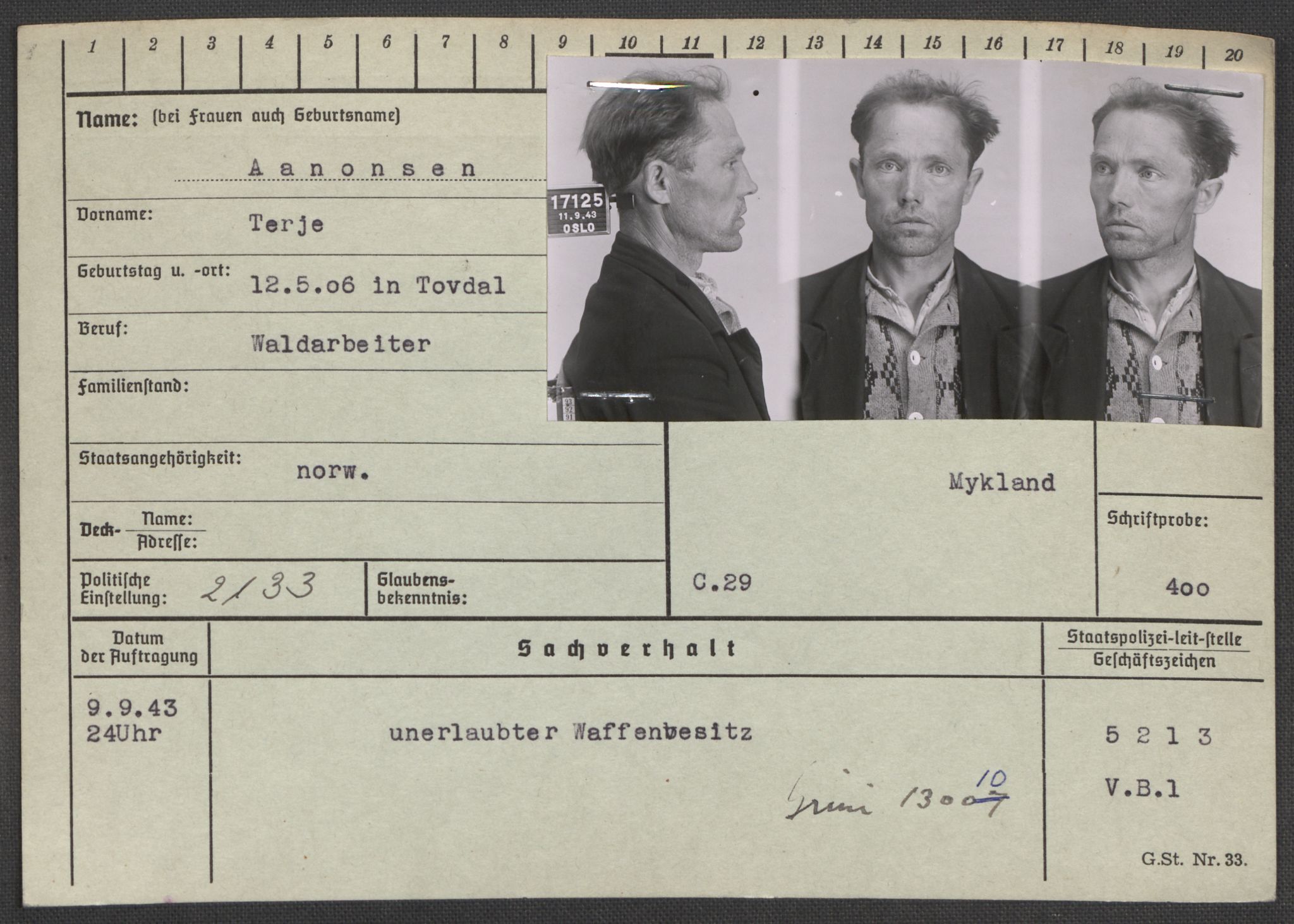 Befehlshaber der Sicherheitspolizei und des SD, AV/RA-RAFA-5969/E/Ea/Eaa/L0010: Register over norske fanger i Møllergata 19: Sø-Å, 1940-1945, p. 1450