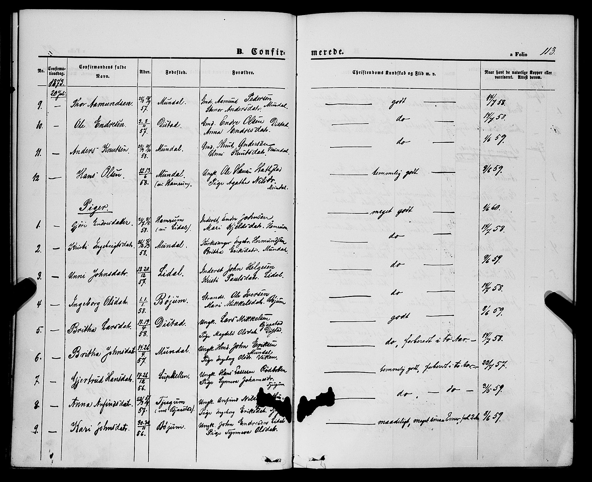 Balestrand sokneprestembete, AV/SAB-A-79601/H/Haa/Haaa/L0003: Parish register (official) no. A 3, 1867-1878, p. 113