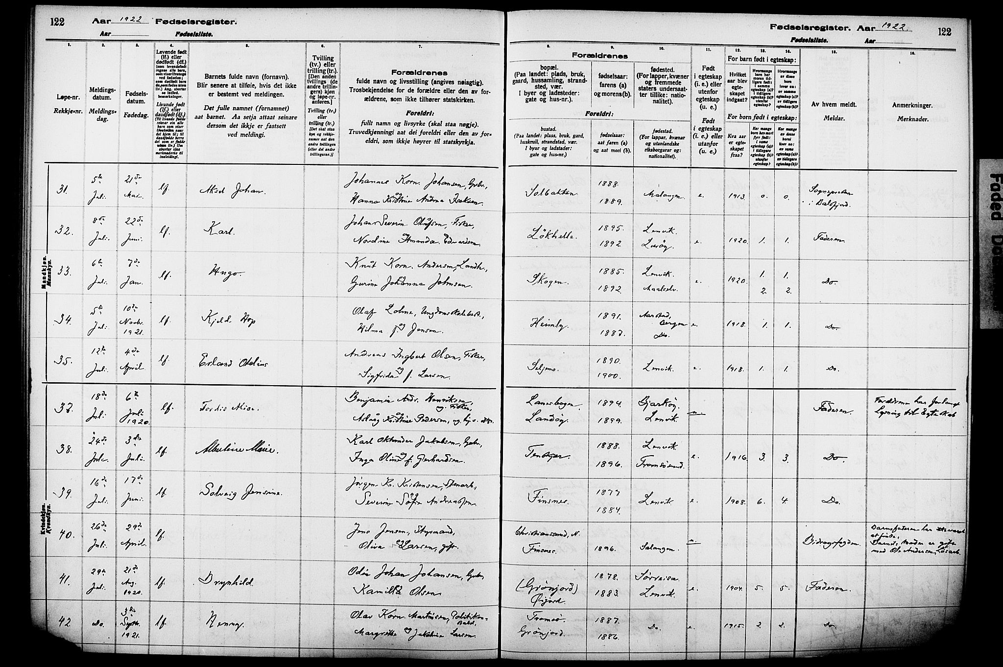 Lenvik sokneprestembete, AV/SATØ-S-1310/I/Ic/L0089: Birth register no. 89, 1916-1926, p. 122