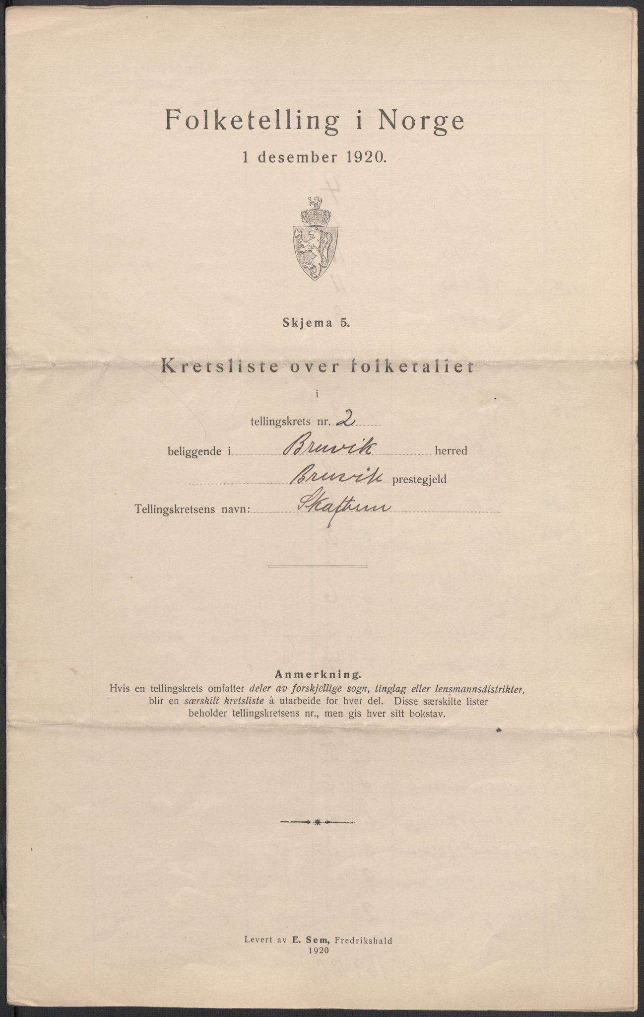 SAB, 1920 census for Bruvik, 1920, p. 9