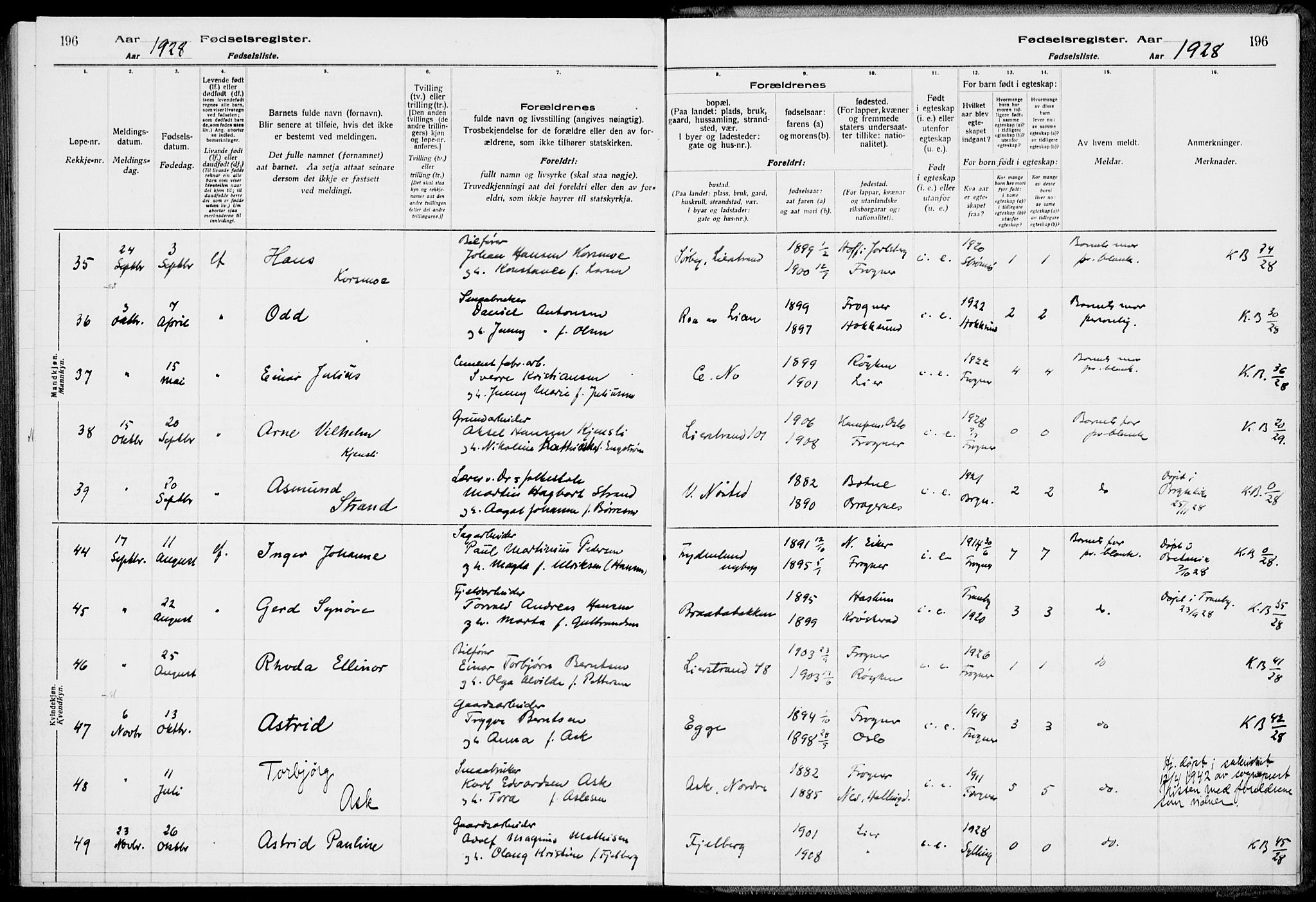 Lier kirkebøker, AV/SAKO-A-230/J/Ja/L0001: Birth register no. 1, 1916-1928, p. 196