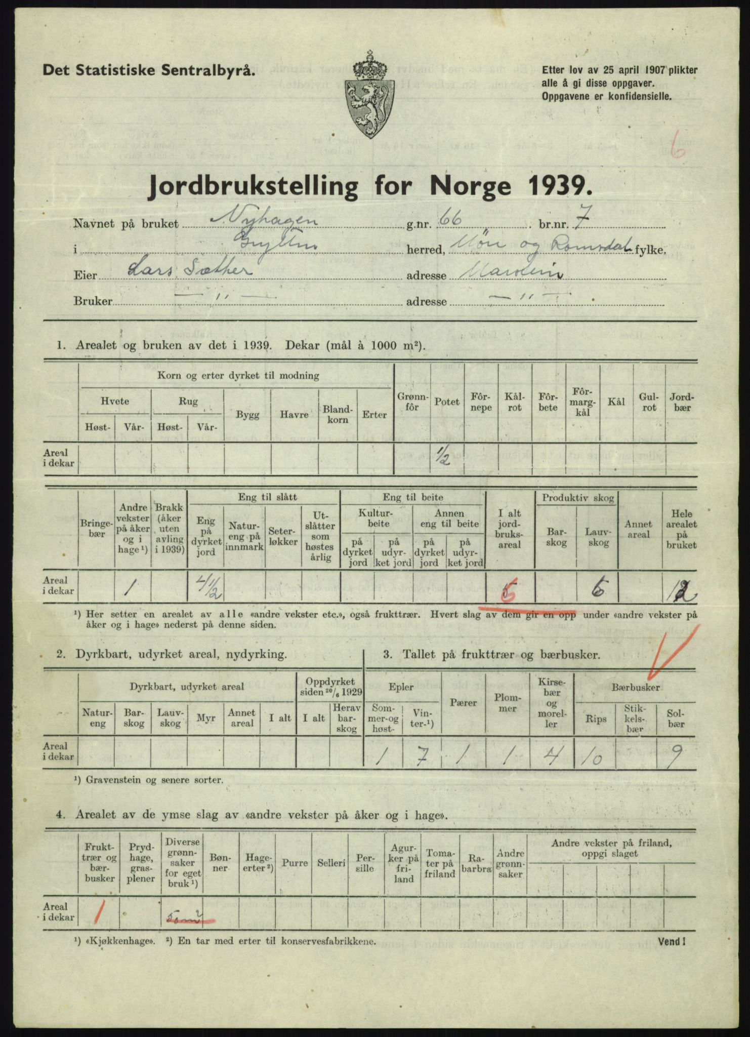 Statistisk sentralbyrå, Næringsøkonomiske emner, Jordbruk, skogbruk, jakt, fiske og fangst, AV/RA-S-2234/G/Gb/L0251: Møre og Romsdal: Voll, Eid, Grytten og Hen, 1939, p. 569
