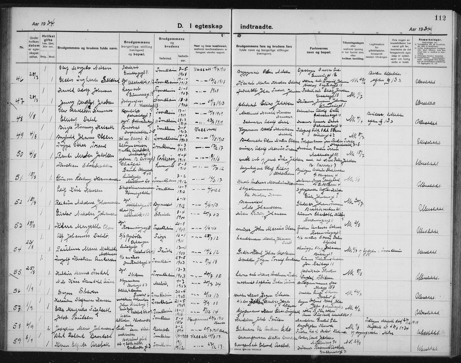 Ministerialprotokoller, klokkerbøker og fødselsregistre - Sør-Trøndelag, AV/SAT-A-1456/605/L0260: Parish register (copy) no. 605C07, 1922-1942, p. 112