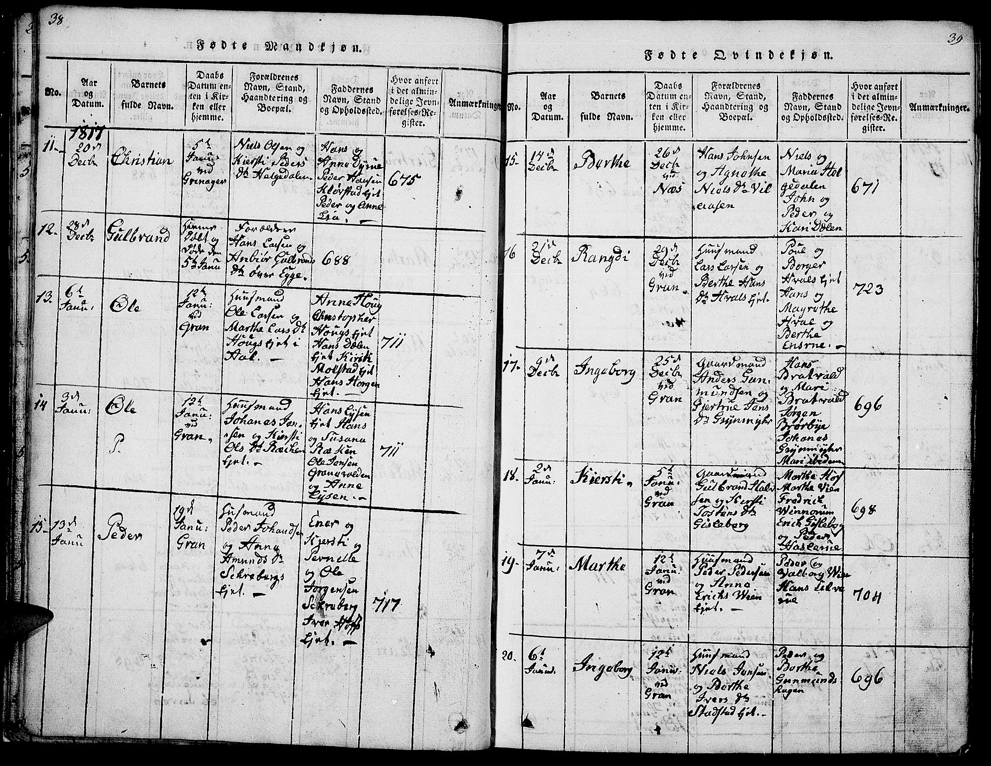 Gran prestekontor, SAH/PREST-112/H/Ha/Hab/L0001: Parish register (copy) no. 1, 1815-1824, p. 38-39