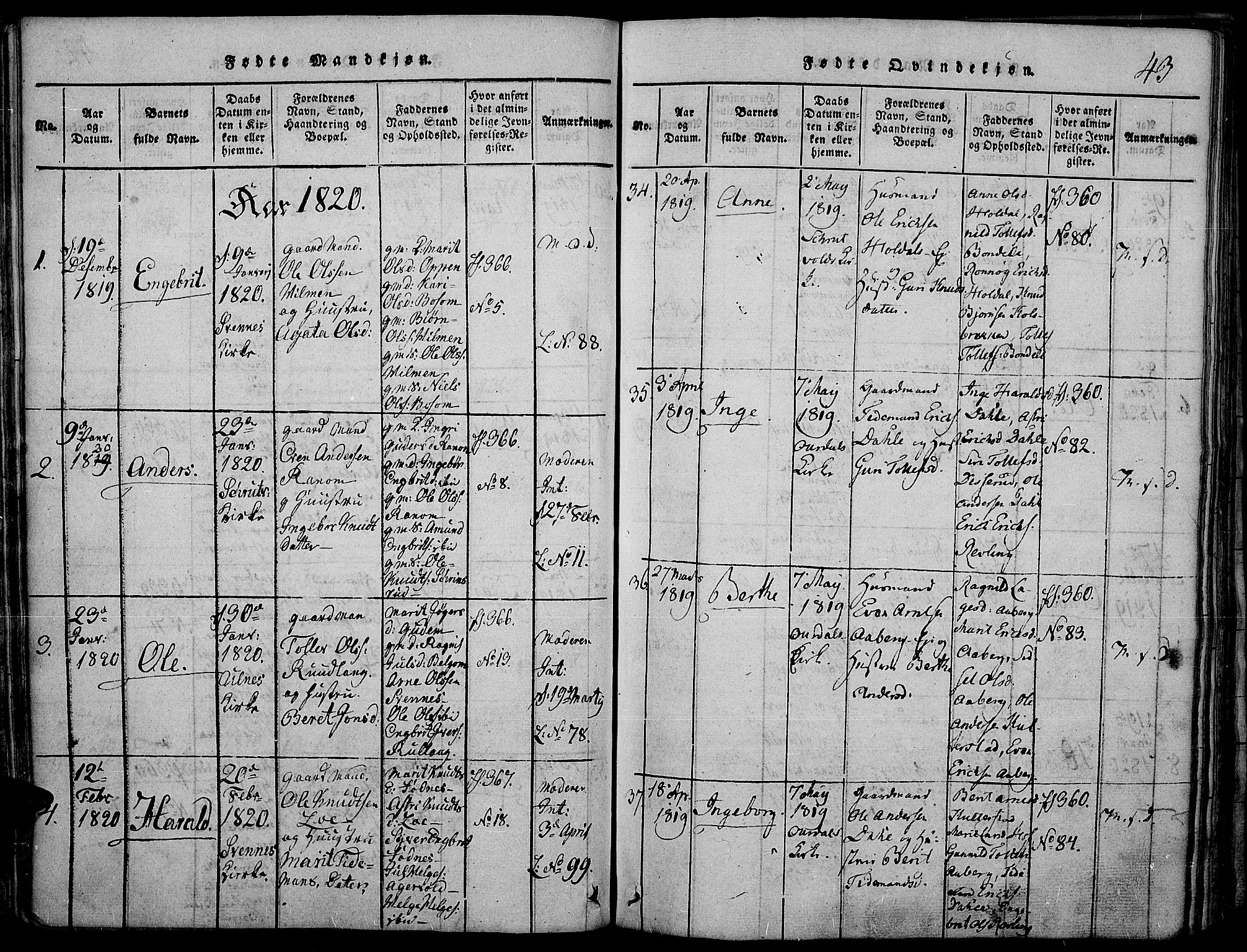Nord-Aurdal prestekontor, SAH/PREST-132/H/Ha/Haa/L0002: Parish register (official) no. 2, 1816-1828, p. 43