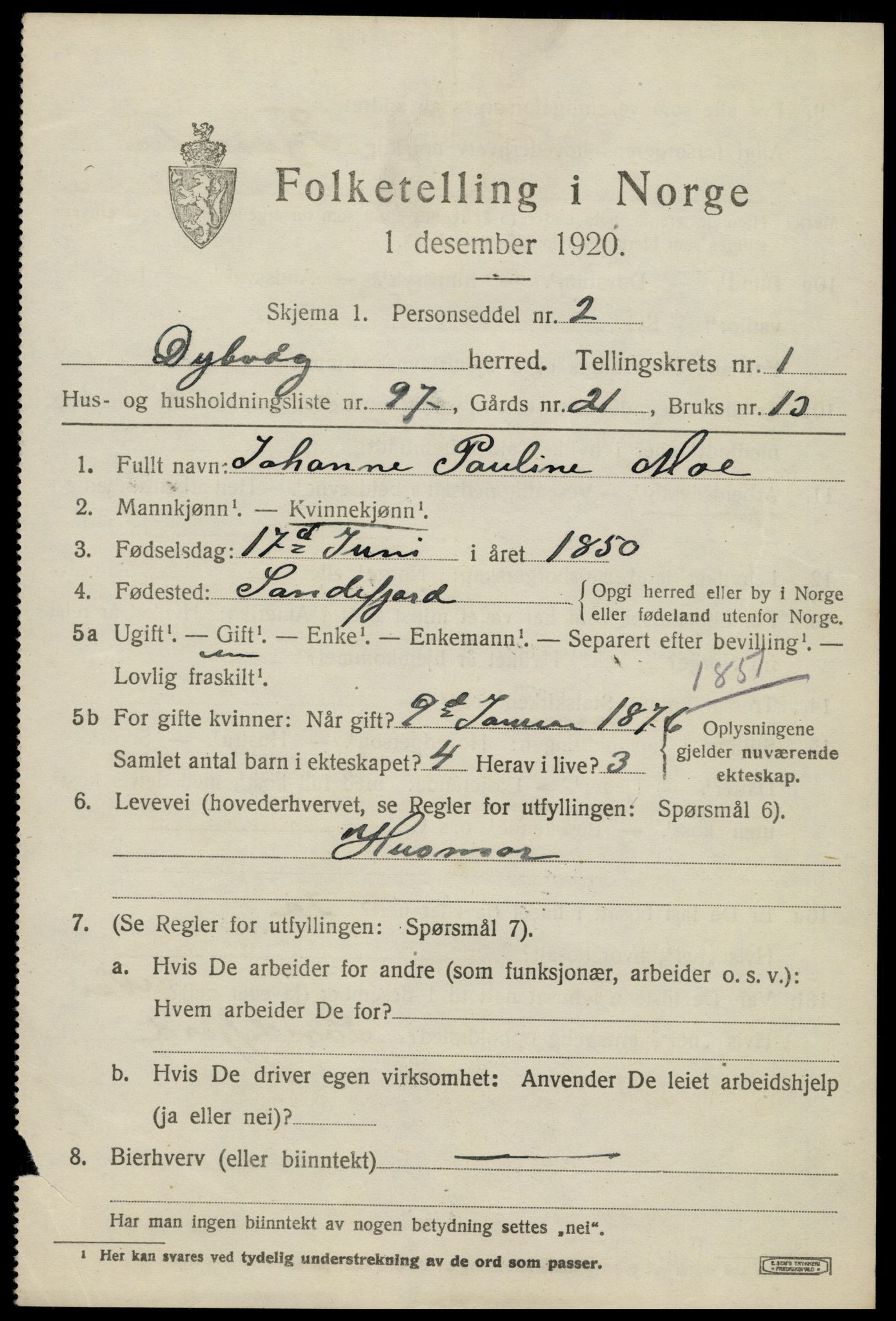 SAK, 1920 census for Dypvåg, 1920, p. 2065