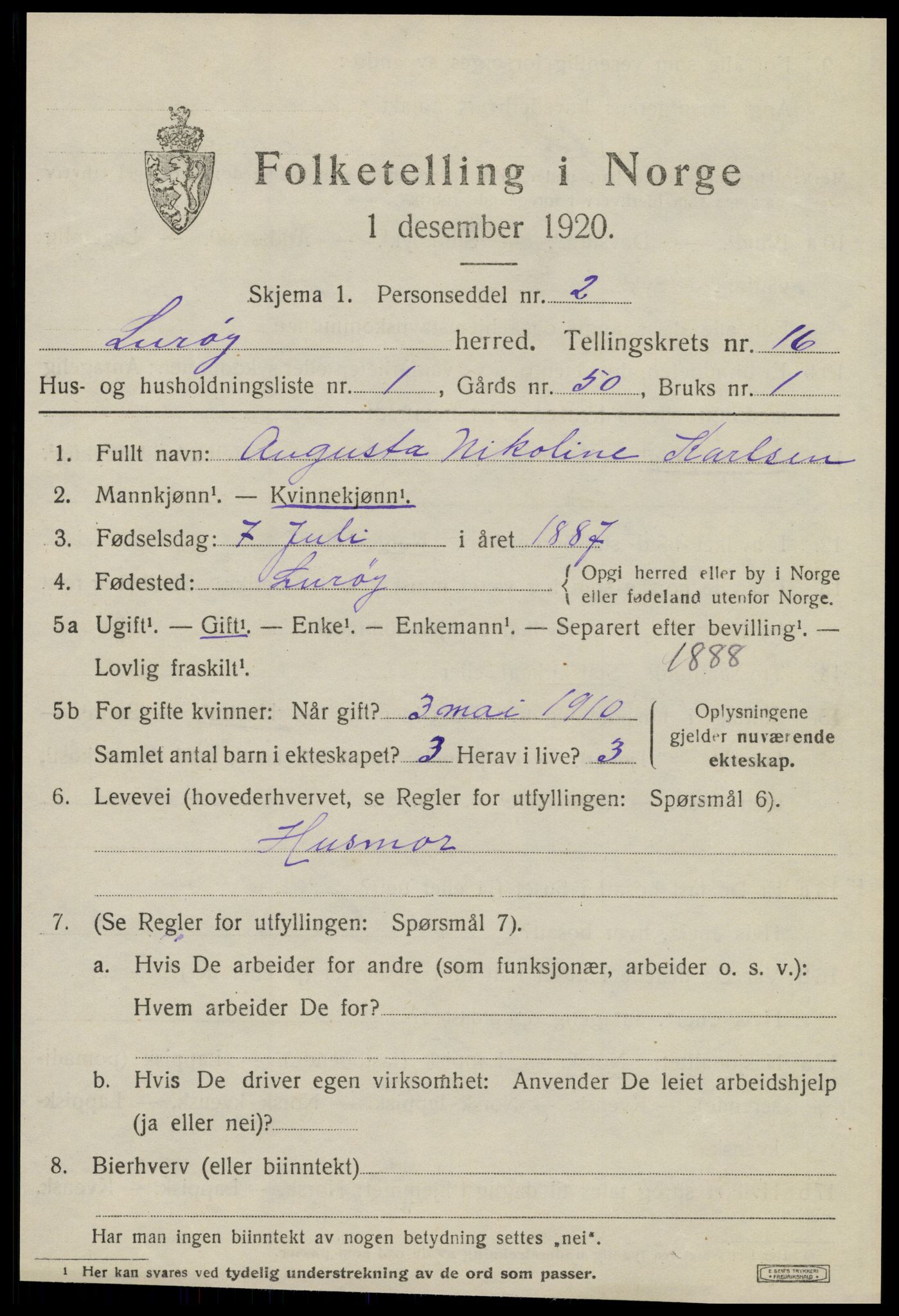 SAT, 1920 census for Lurøy, 1920, p. 5865