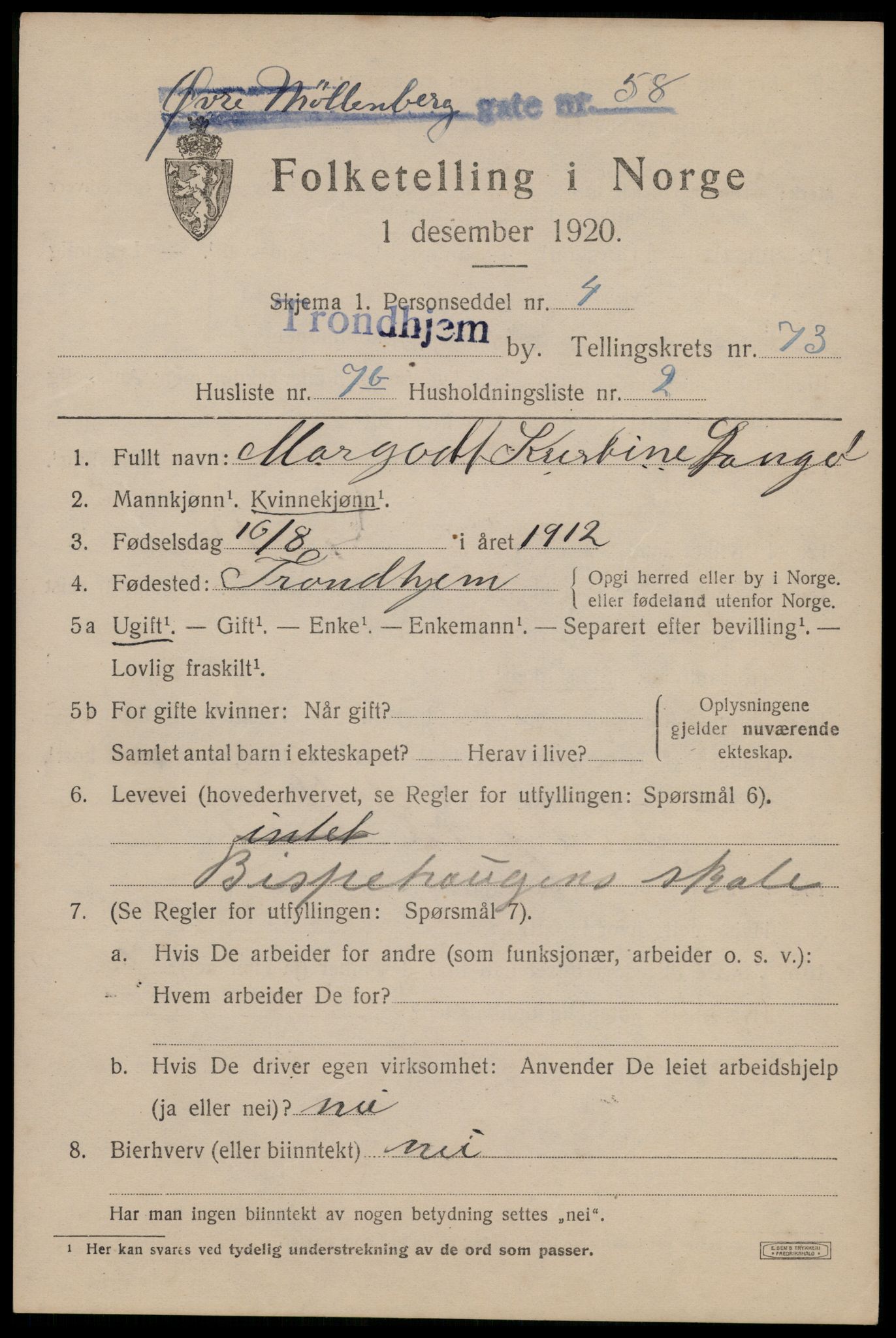 SAT, 1920 census for Trondheim, 1920, p. 143084