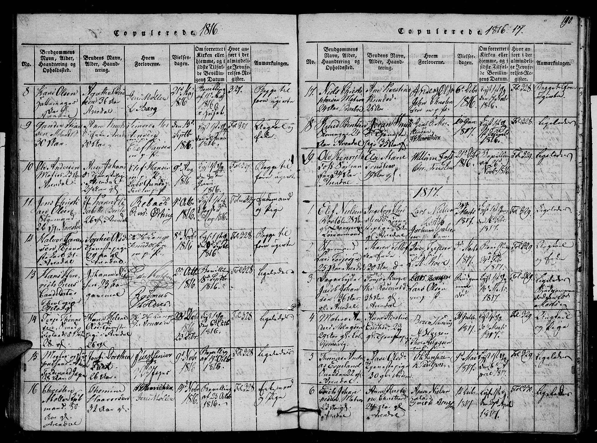 Arendal sokneprestkontor, Trefoldighet, SAK/1111-0040/F/Fb/L0001: Parish register (copy) no. B 1, 1816-1838, p. 190