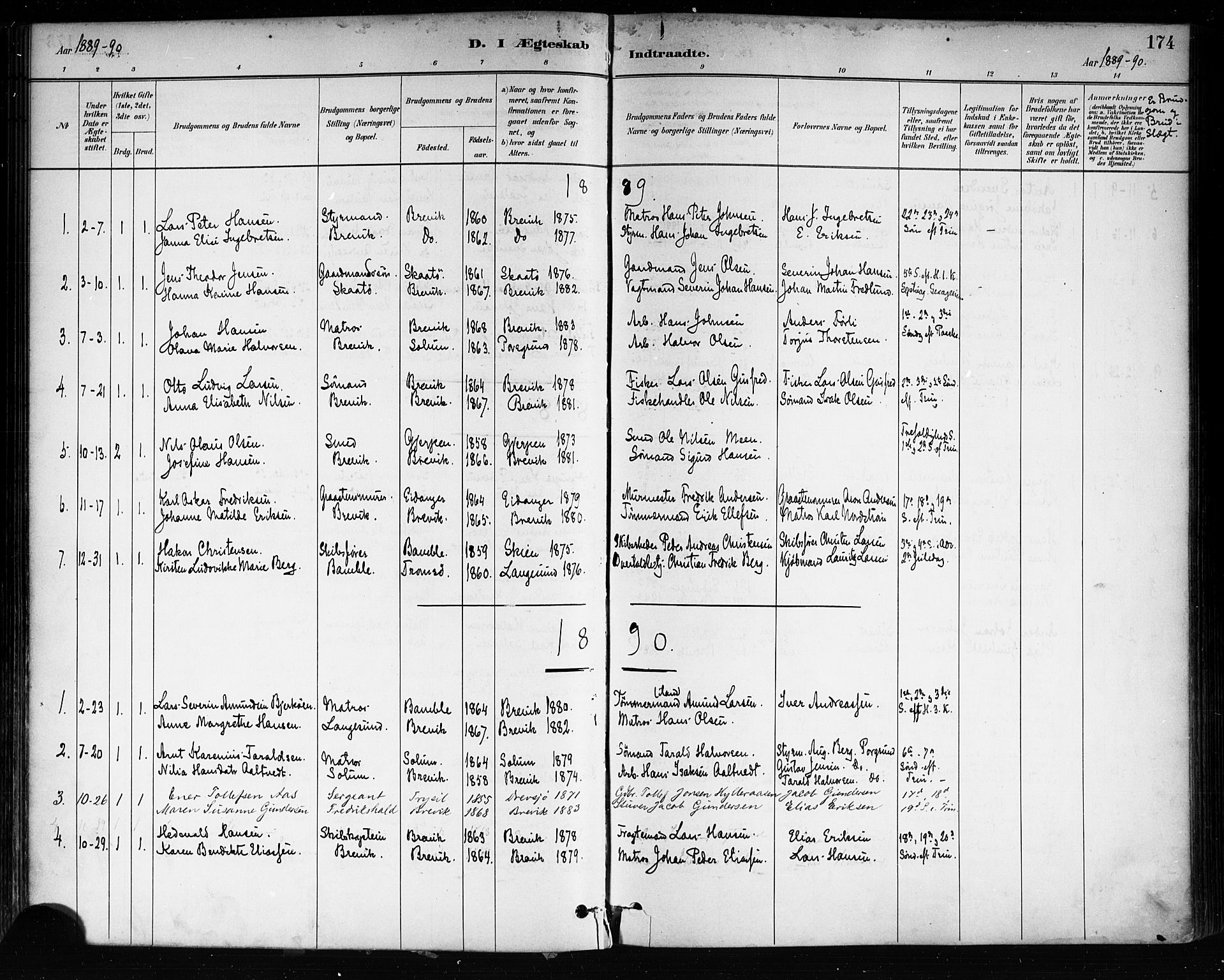 Brevik kirkebøker, SAKO/A-255/F/Fa/L0007: Parish register (official) no. 7, 1882-1900, p. 174