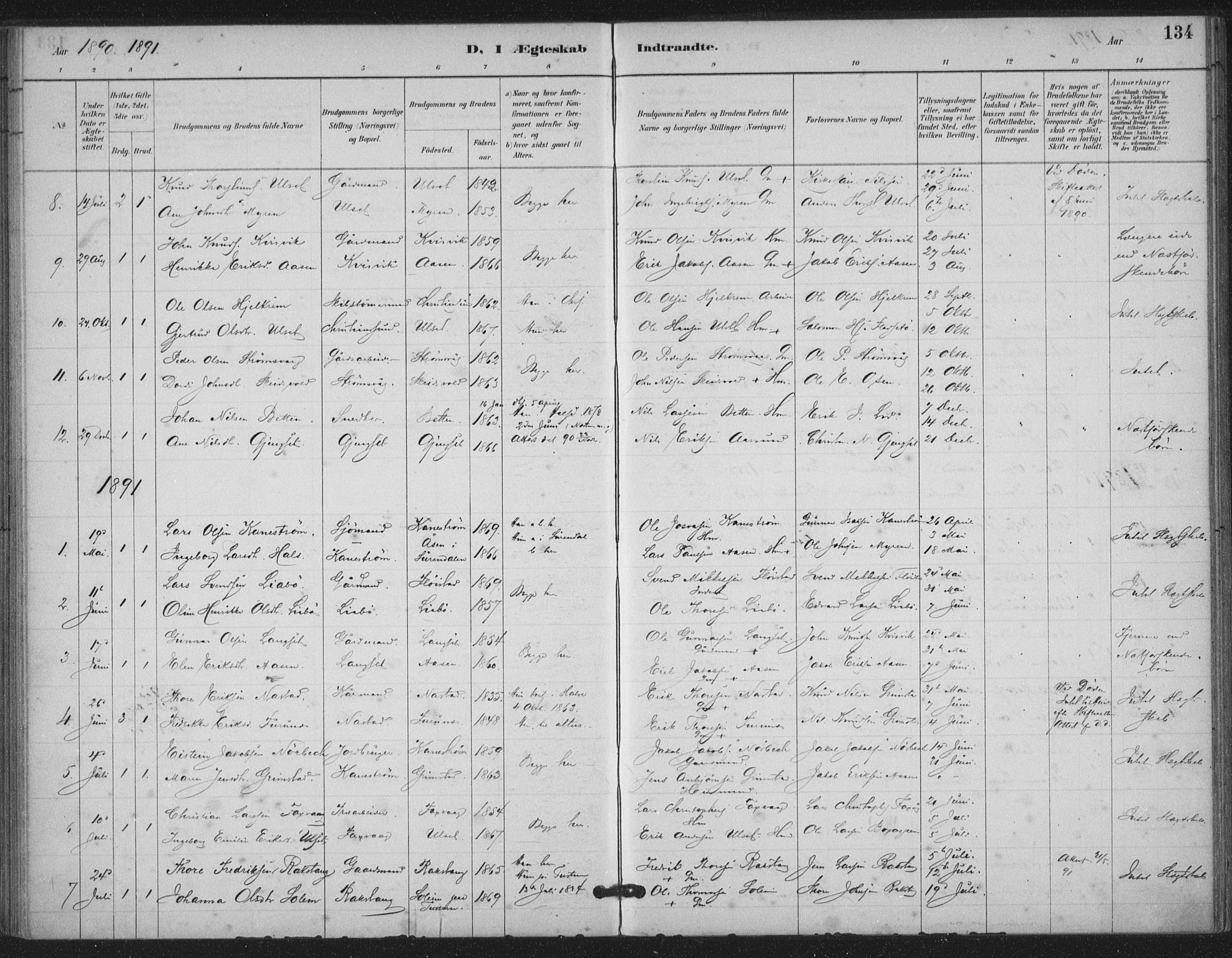 Ministerialprotokoller, klokkerbøker og fødselsregistre - Møre og Romsdal, AV/SAT-A-1454/587/L1000: Parish register (official) no. 587A02, 1887-1910, p. 134