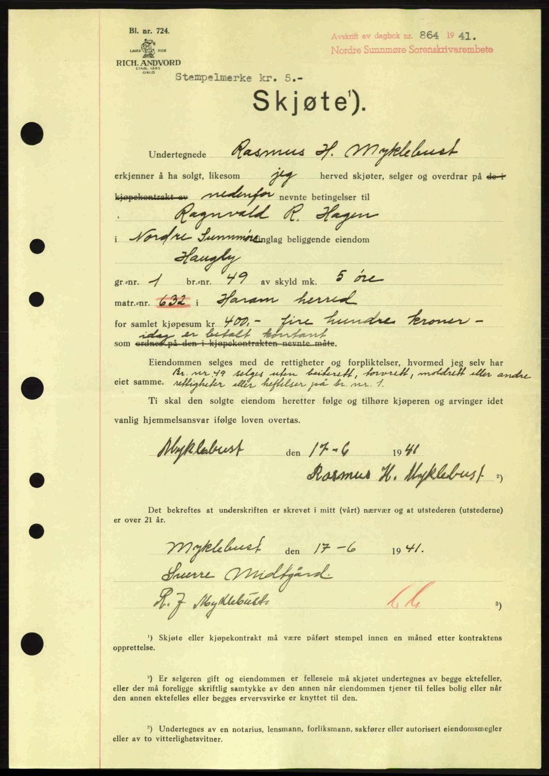 Nordre Sunnmøre sorenskriveri, AV/SAT-A-0006/1/2/2C/2Ca: Mortgage book no. A11, 1941-1941, Diary no: : 864/1941