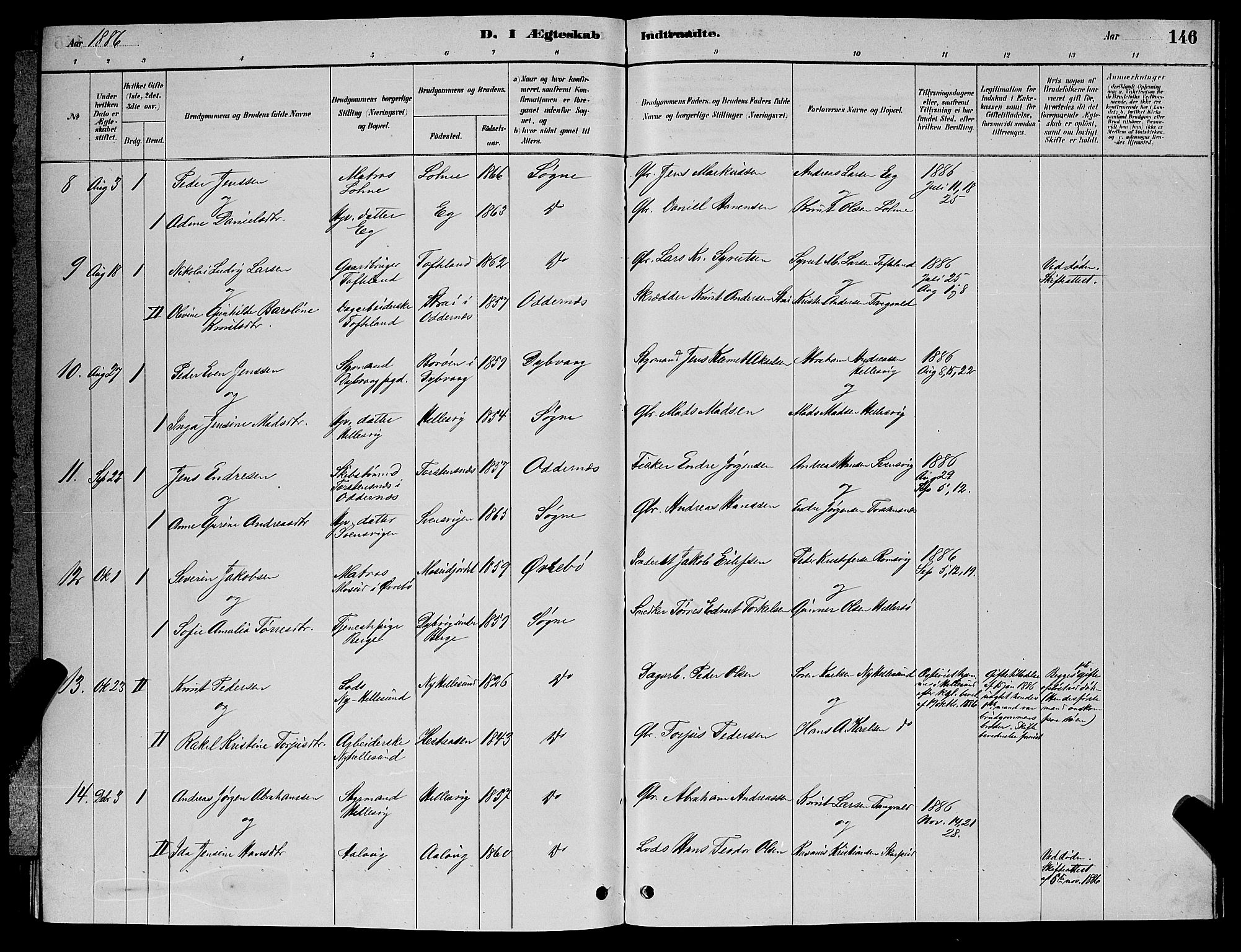 Søgne sokneprestkontor, SAK/1111-0037/F/Fb/Fbb/L0005: Parish register (copy) no. B 5, 1884-1891, p. 146