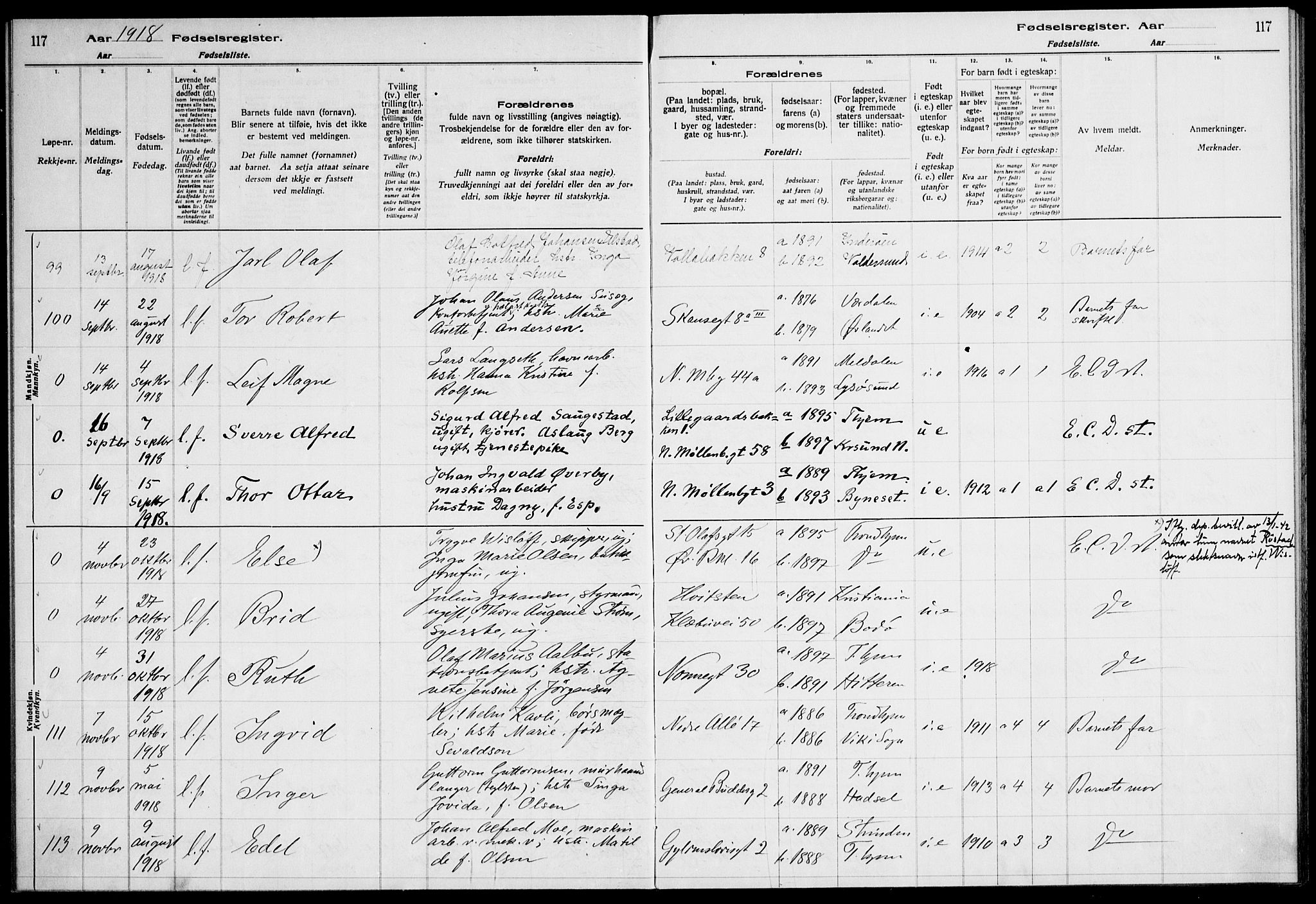 Ministerialprotokoller, klokkerbøker og fødselsregistre - Sør-Trøndelag, AV/SAT-A-1456/604/L0232: Birth register no. 604.II.4.1, 1916-1920, p. 117