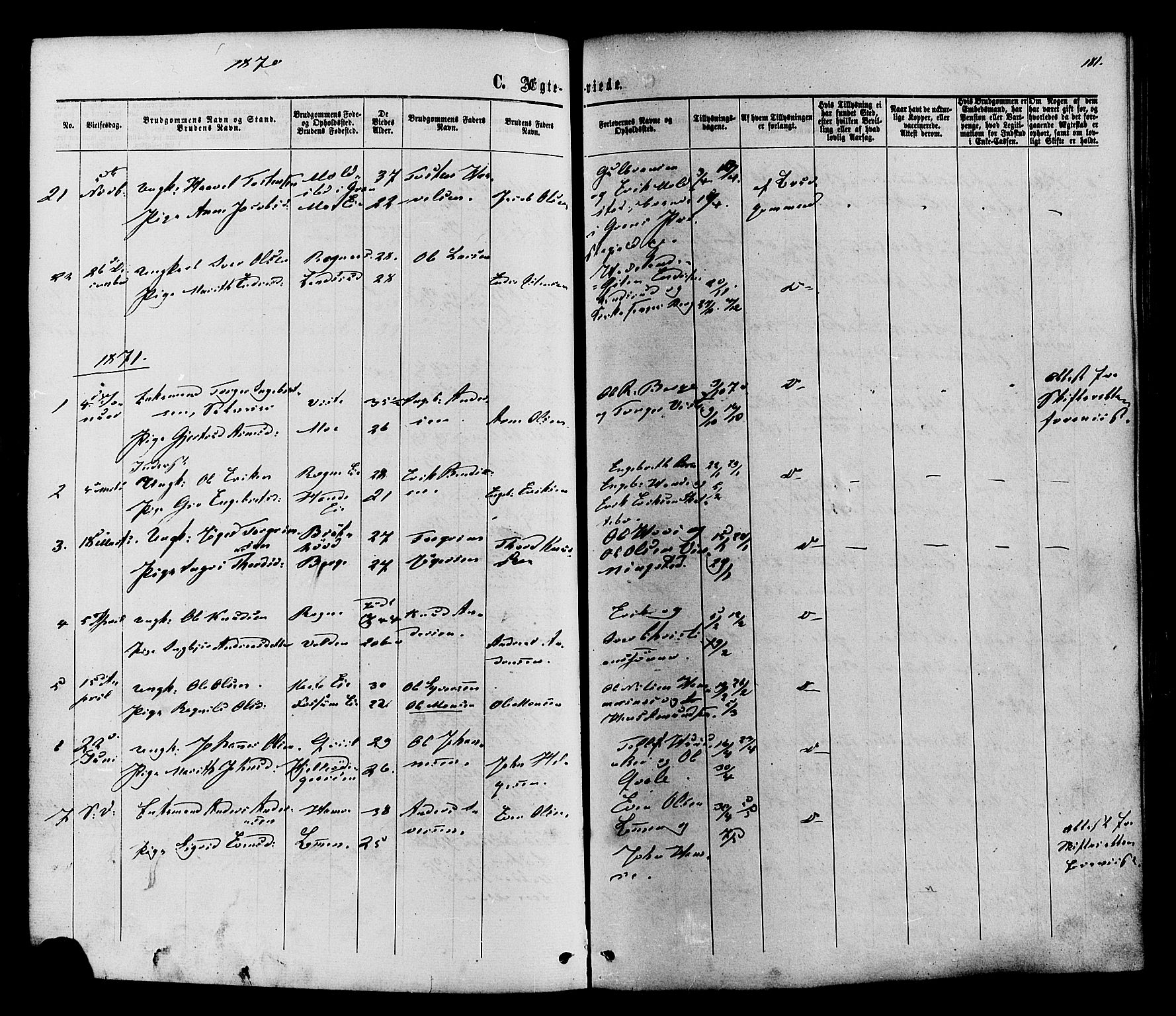 Vestre Slidre prestekontor, SAH/PREST-136/H/Ha/Haa/L0003: Parish register (official) no. 3, 1865-1880, p. 181