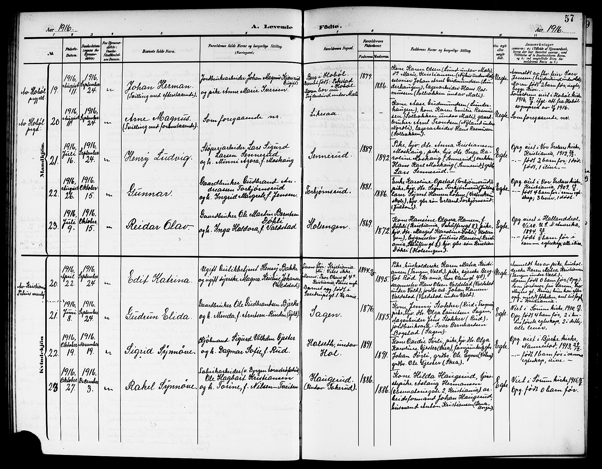 Sørum prestekontor Kirkebøker, SAO/A-10303/G/Ga/L0007: Parish register (copy) no. I 7, 1907-1917, p. 57