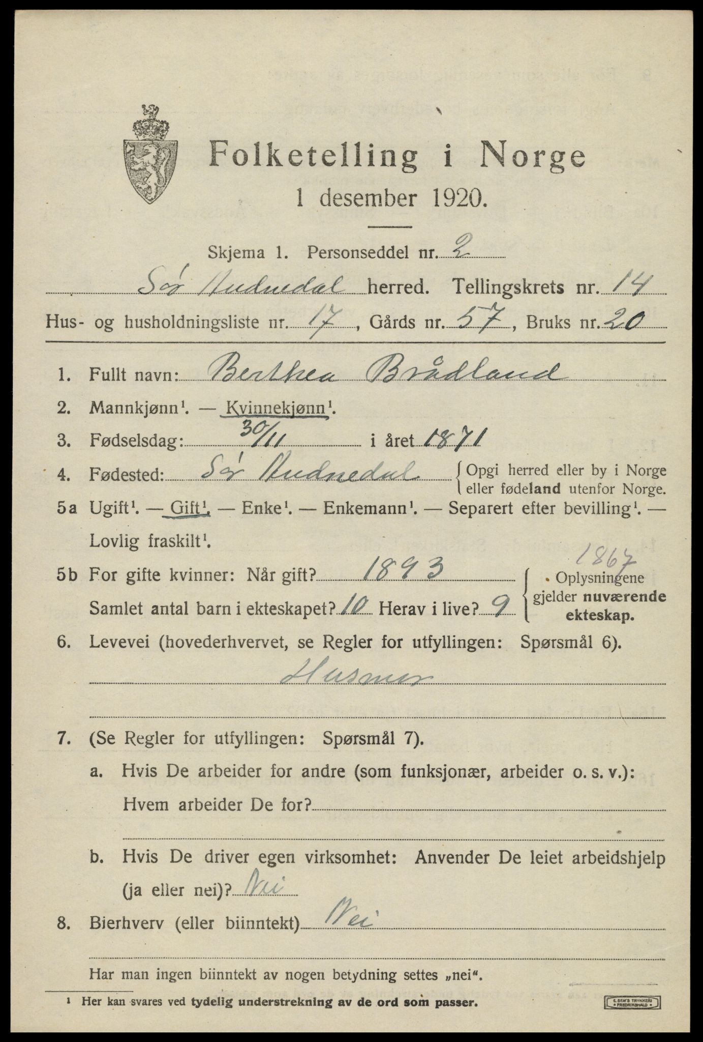 SAK, 1920 census for Sør-Audnedal, 1920, p. 5317