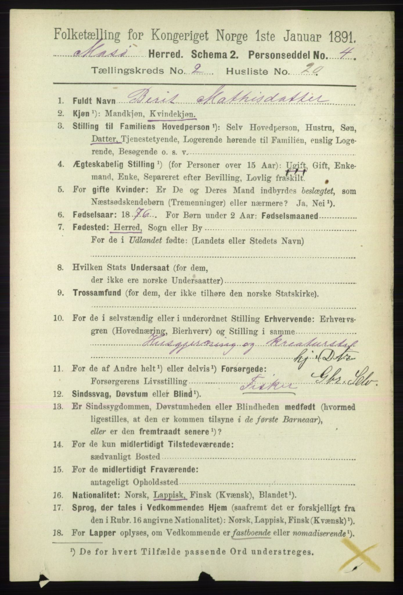 RA, 1891 census for 2018 Måsøy, 1891, p. 353