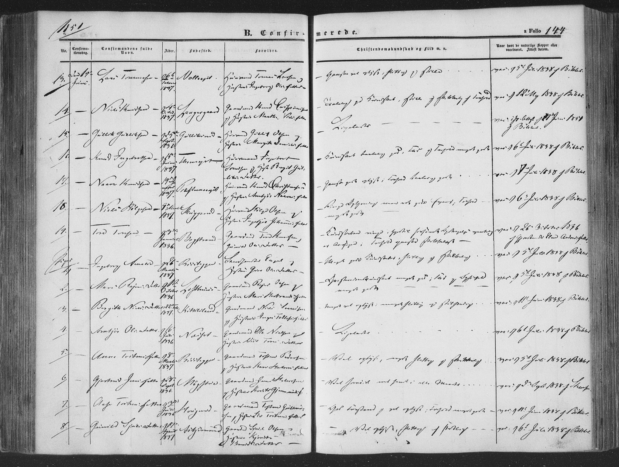 Rollag kirkebøker, AV/SAKO-A-240/F/Fa/L0008: Parish register (official) no. I 8, 1847-1860, p. 144