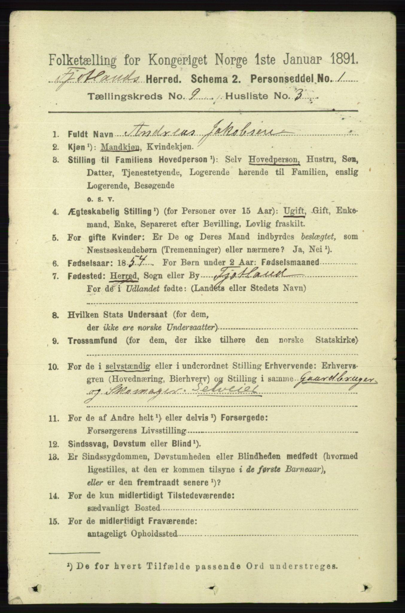 RA, 1891 census for 1036 Fjotland, 1891, p. 1314