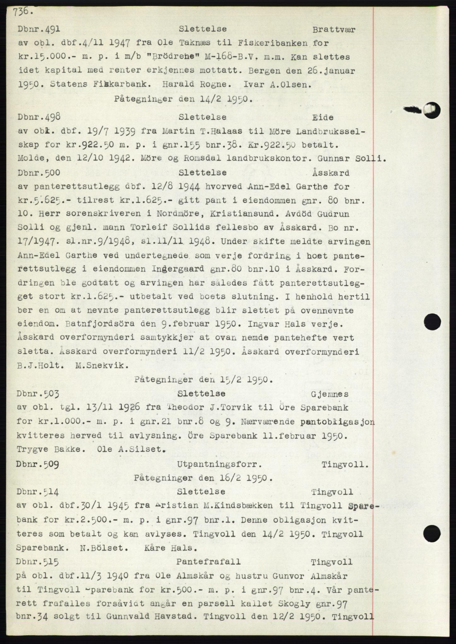 Nordmøre sorenskriveri, AV/SAT-A-4132/1/2/2Ca: Mortgage book no. C82b, 1946-1951, Diary no: : 491/1950