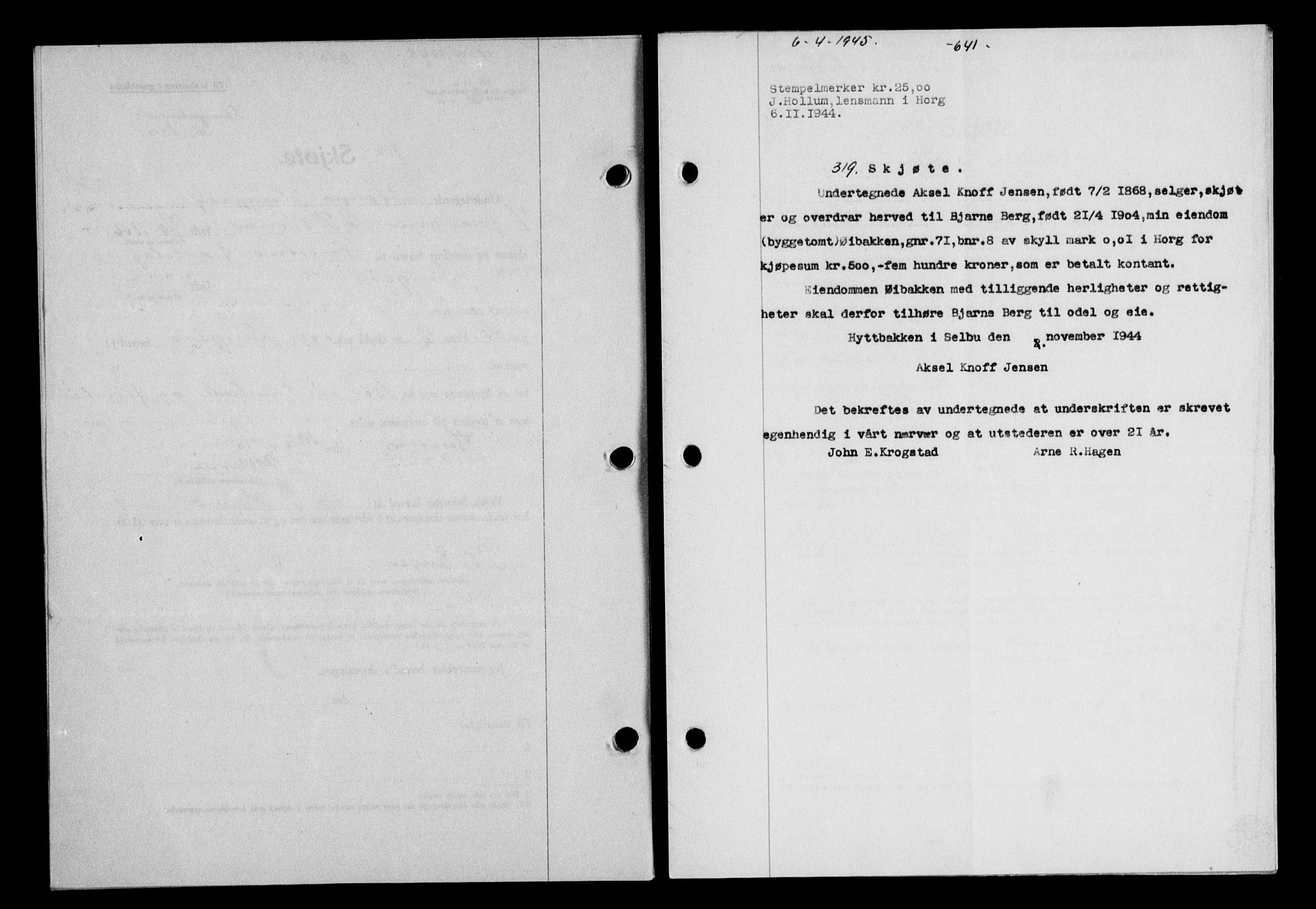 Gauldal sorenskriveri, SAT/A-0014/1/2/2C/L0058: Mortgage book no. 63, 1944-1945, Diary no: : 319/1945