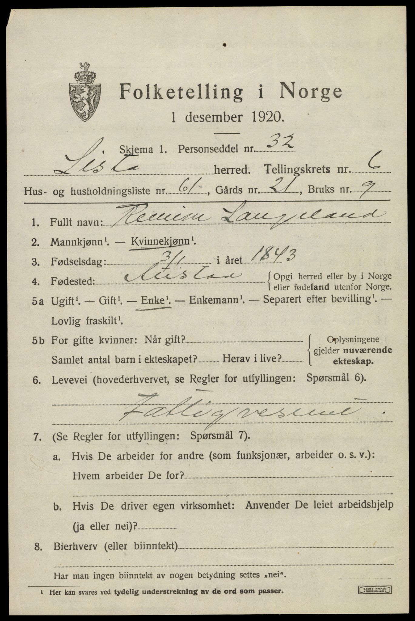 SAK, 1920 census for Lista, 1920, p. 6965