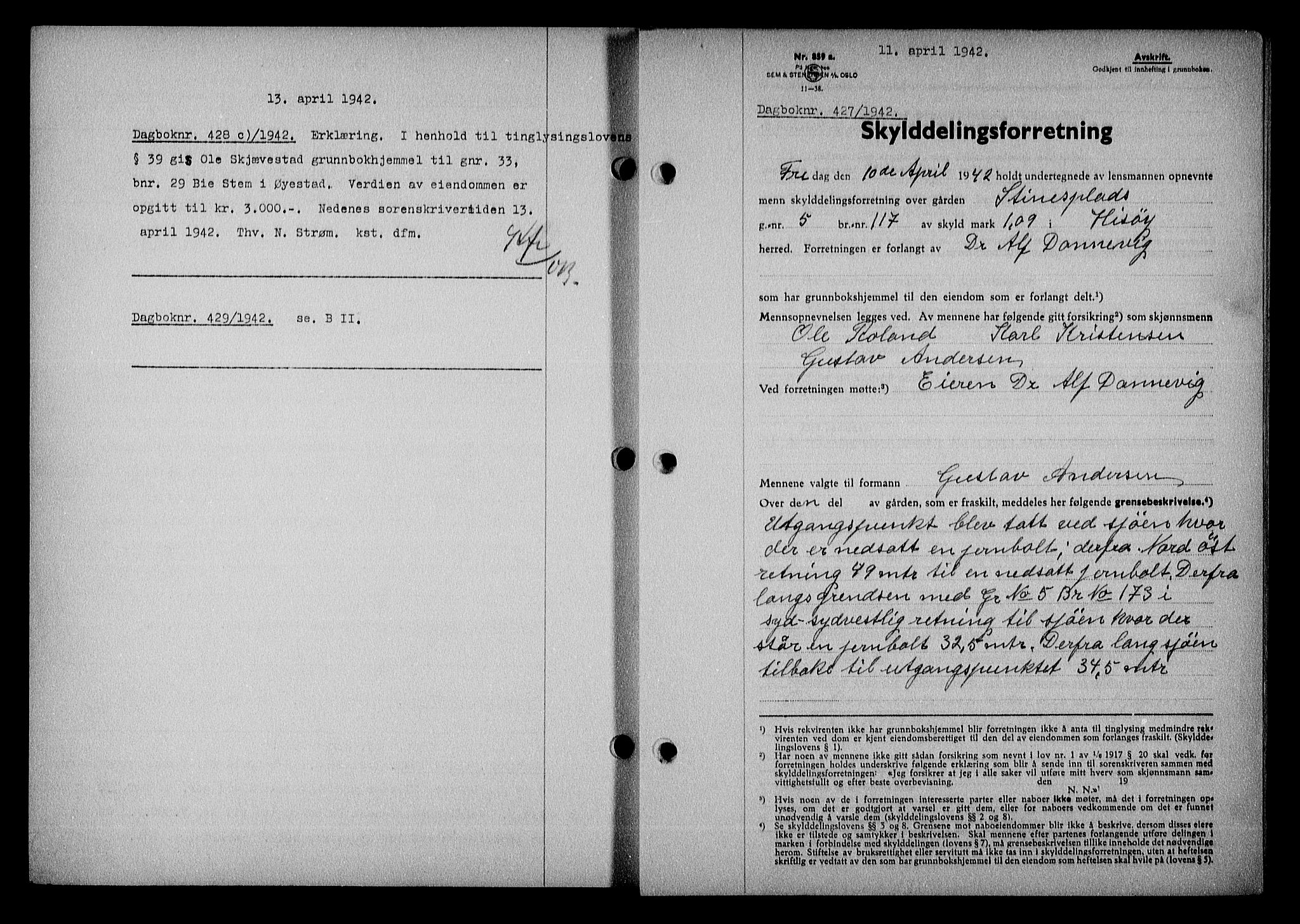 Nedenes sorenskriveri, SAK/1221-0006/G/Gb/Gba/L0049: Mortgage book no. A-III, 1941-1942, Diary no: : 427/1942
