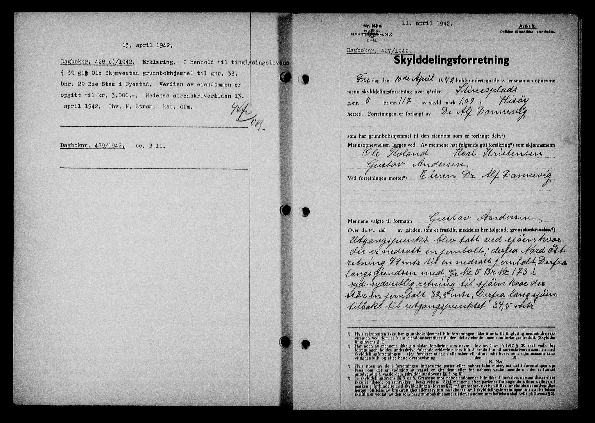 Nedenes sorenskriveri, AV/SAK-1221-0006/G/Gb/Gba/L0049: Mortgage book no. A-III, 1941-1942, Diary no: : 427/1942