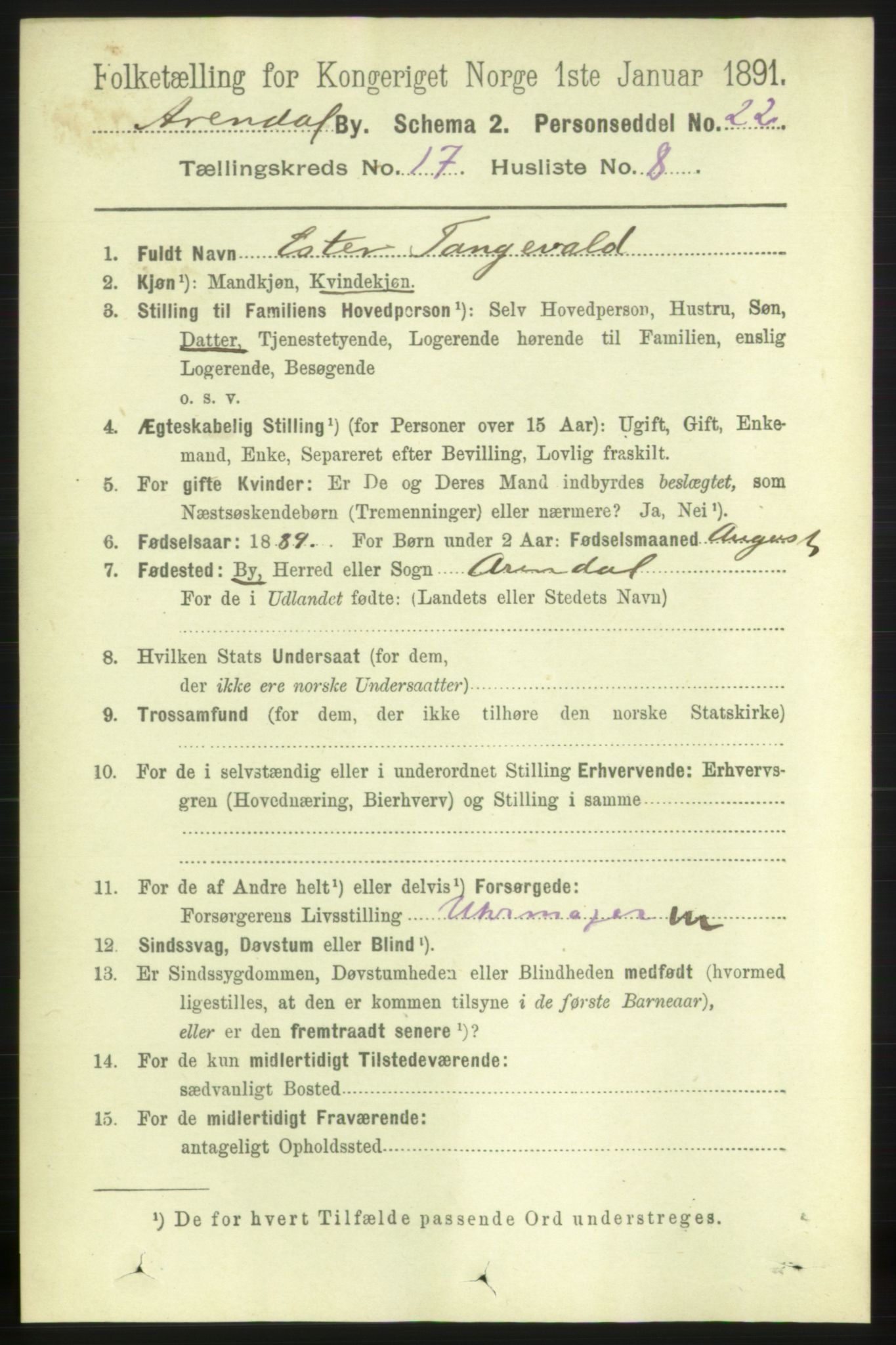 RA, 1891 census for 0903 Arendal, 1891, p. 5710