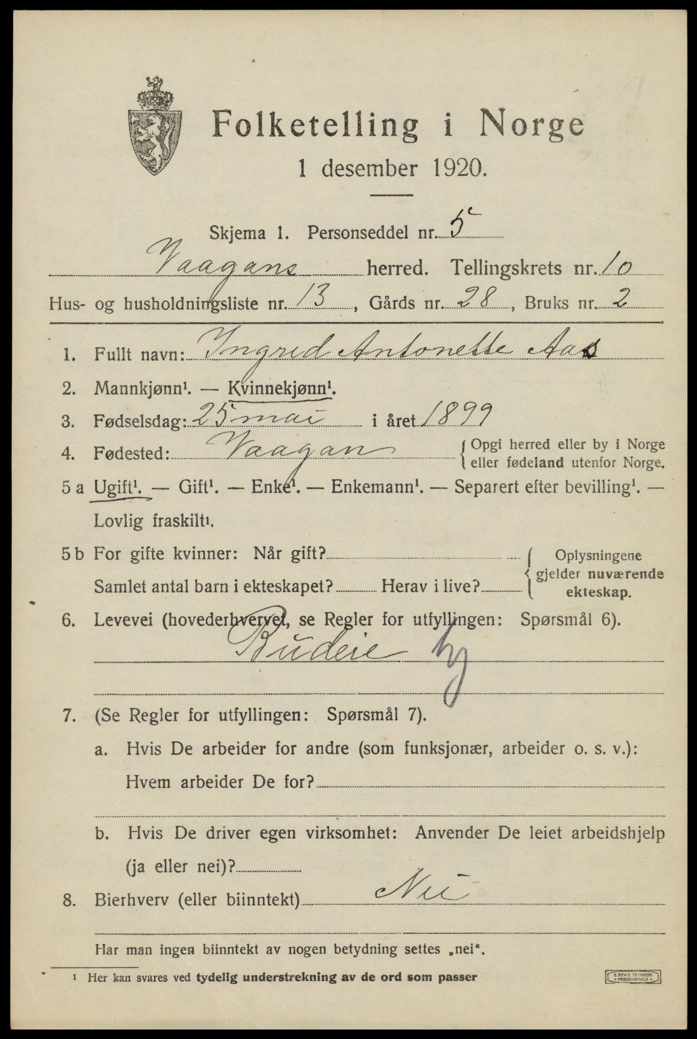 SAT, 1920 census for Vågan, 1920, p. 9017