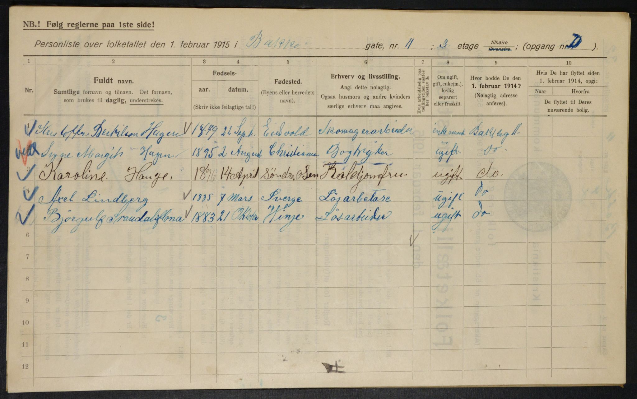 OBA, Municipal Census 1915 for Kristiania, 1915, p. 2714