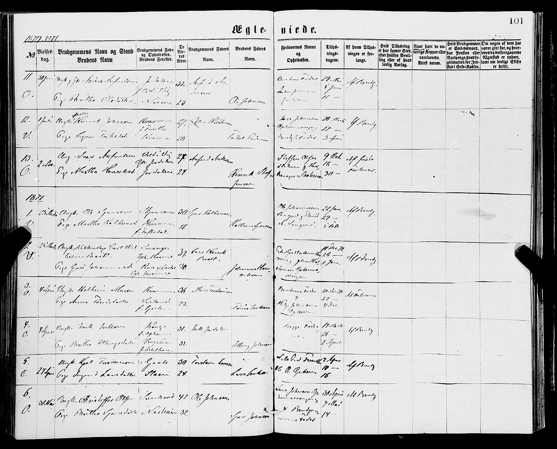 Vossestrand Sokneprestembete, SAB/A-79101/H/Haa: Parish register (official) no. A 1, 1866-1877, p. 101