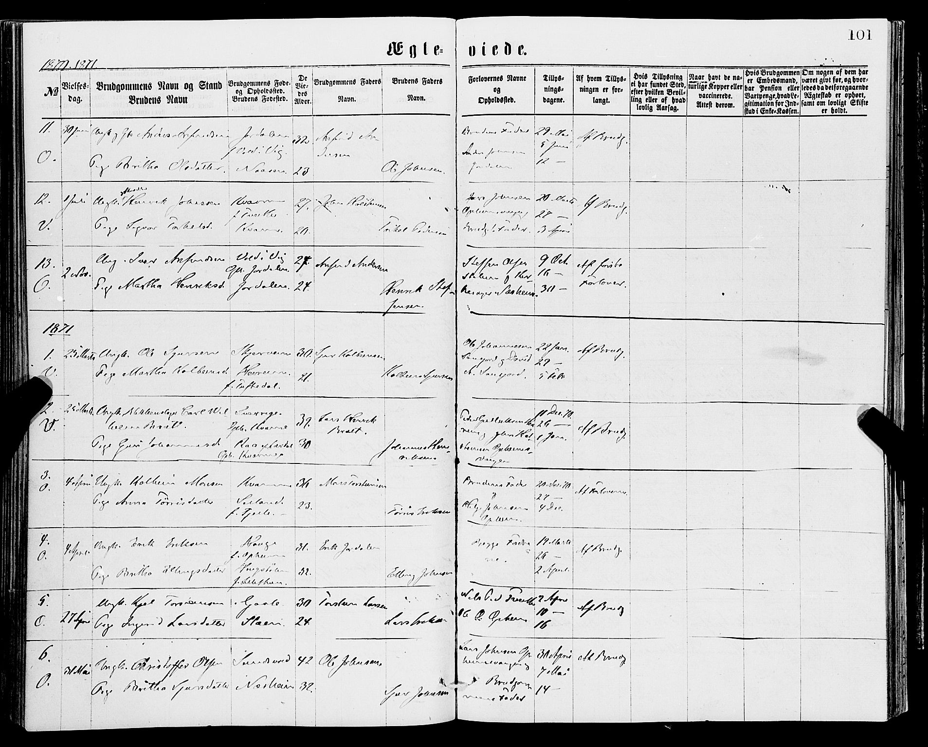Vossestrand Sokneprestembete, AV/SAB-A-79101/H/Haa: Parish register (official) no. A 1, 1866-1877, p. 101
